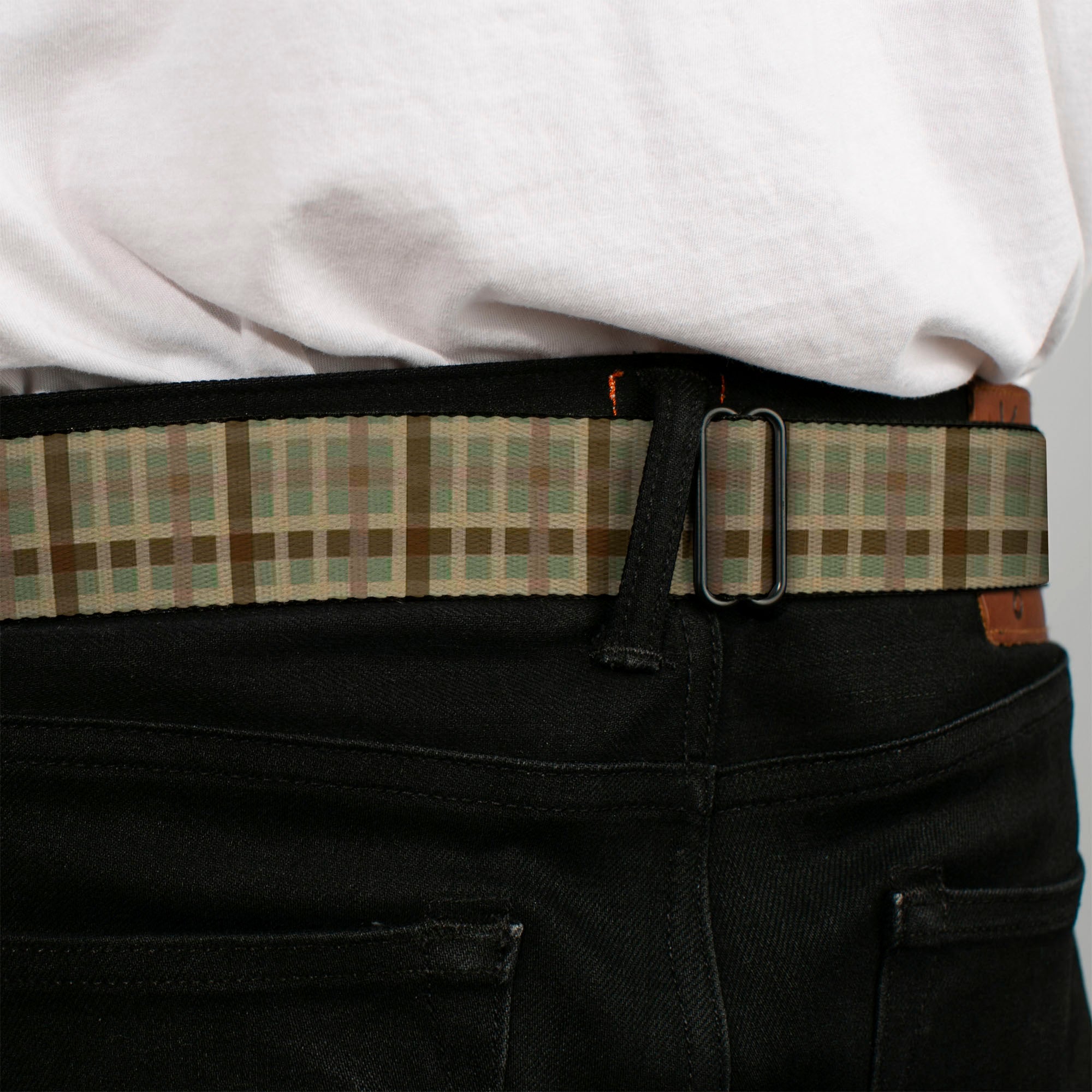 BD Wings Logo CLOSE-UP Black/Silver Seatbelt Belt - Plaid4 Mint Green/Tans/Brown Webbing Seatbelt Belts Buckle-Down