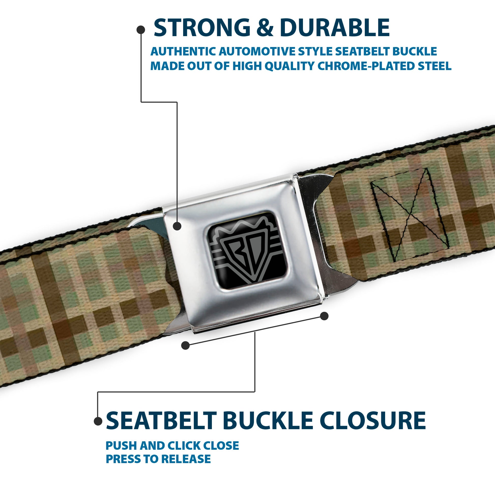 BD Wings Logo CLOSE-UP Black/Silver Seatbelt Belt - Plaid4 Mint Green/Tans/Brown Webbing Seatbelt Belts Buckle-Down
