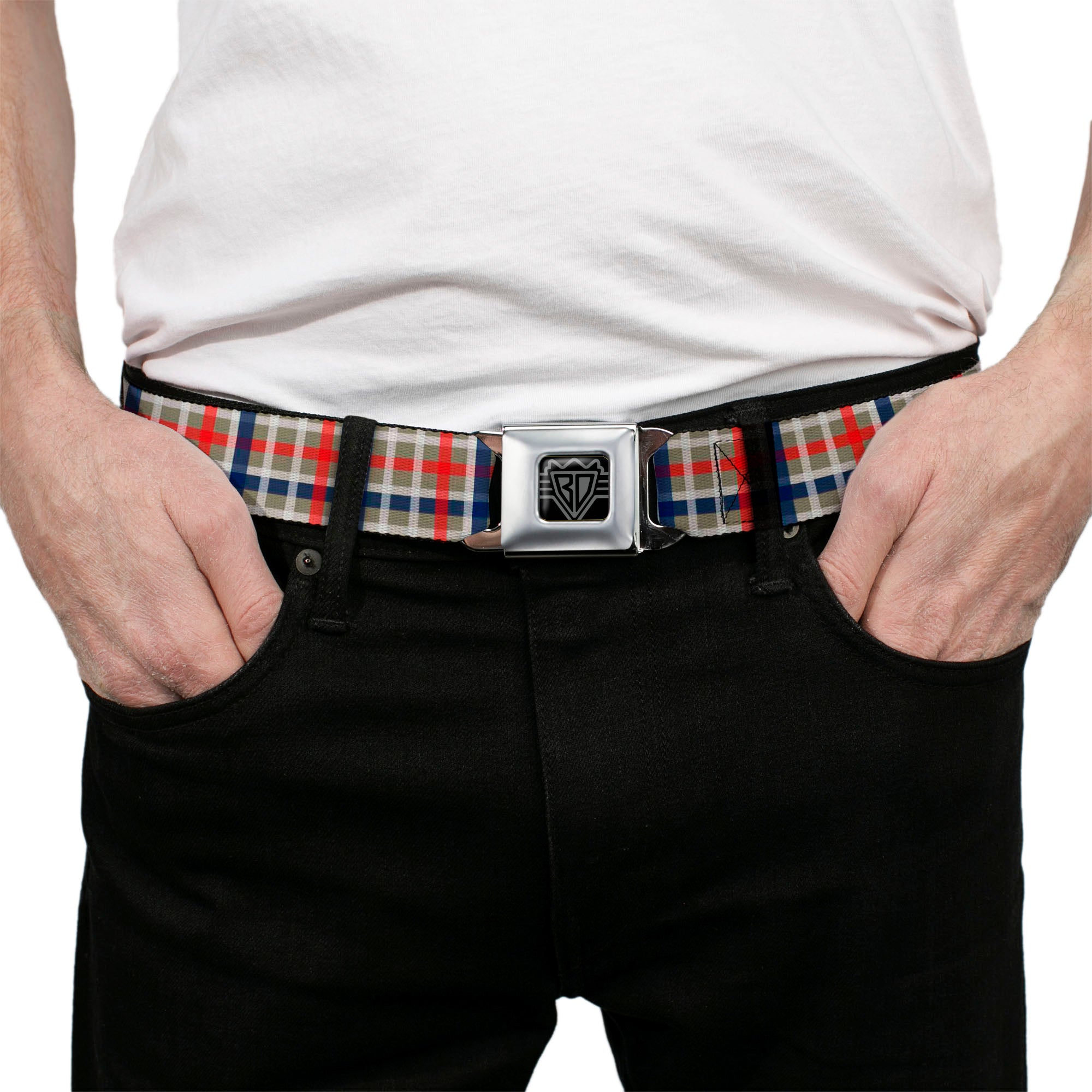 BD Wings Logo CLOSE-UP Black/Silver Seatbelt Belt - Plaid4 Gray/Red/White/Blue Webbing Seatbelt Belts Buckle-Down