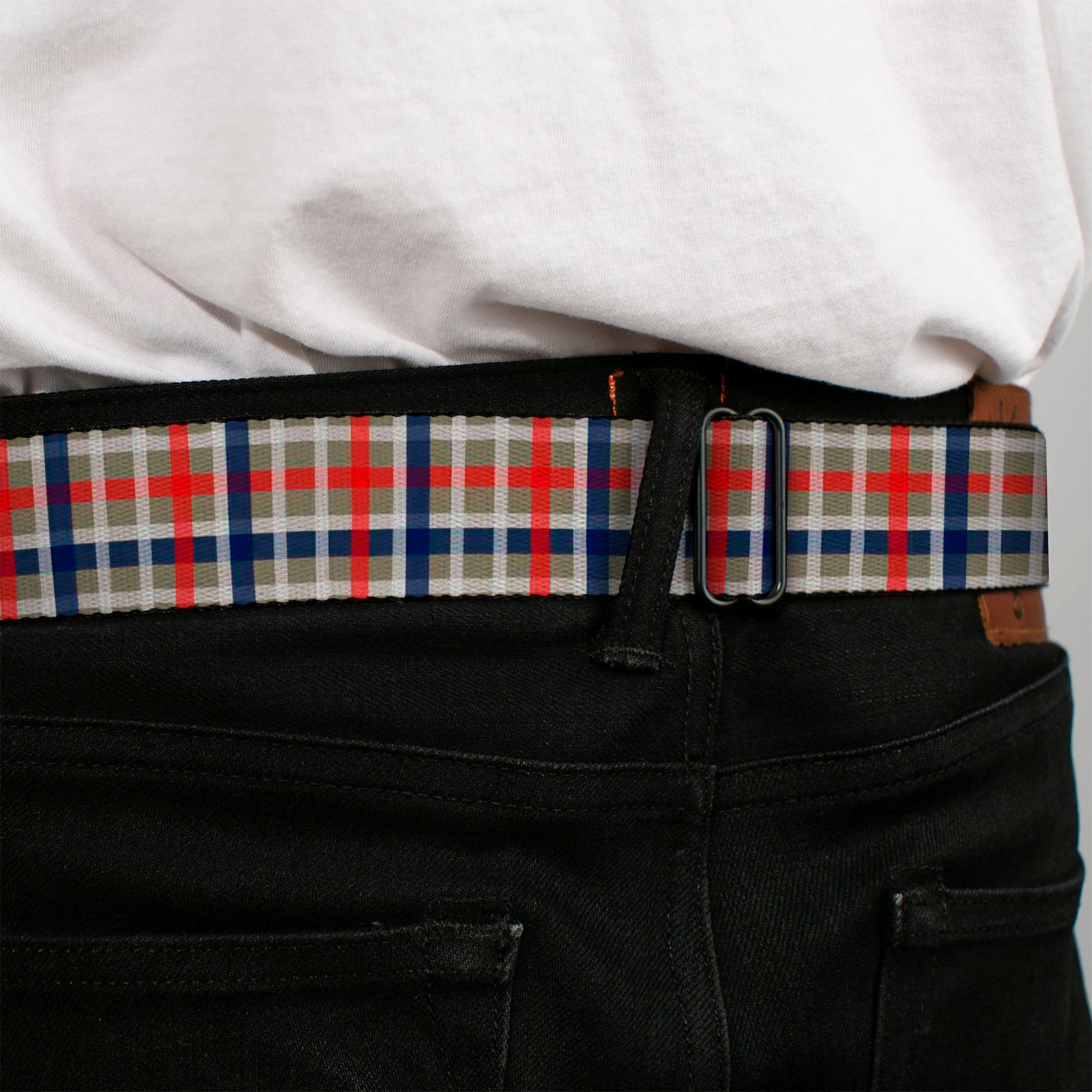 BD Wings Logo CLOSE-UP Black/Silver Seatbelt Belt - Plaid4 Gray/Red/White/Blue Webbing Seatbelt Belts Buckle-Down