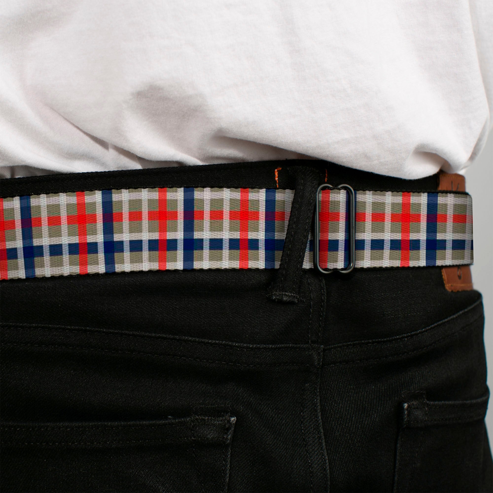 BD Wings Logo CLOSE-UP Black/Silver Seatbelt Belt - Plaid4 Gray/Red/White/Blue Webbing Seatbelt Belts Buckle-Down