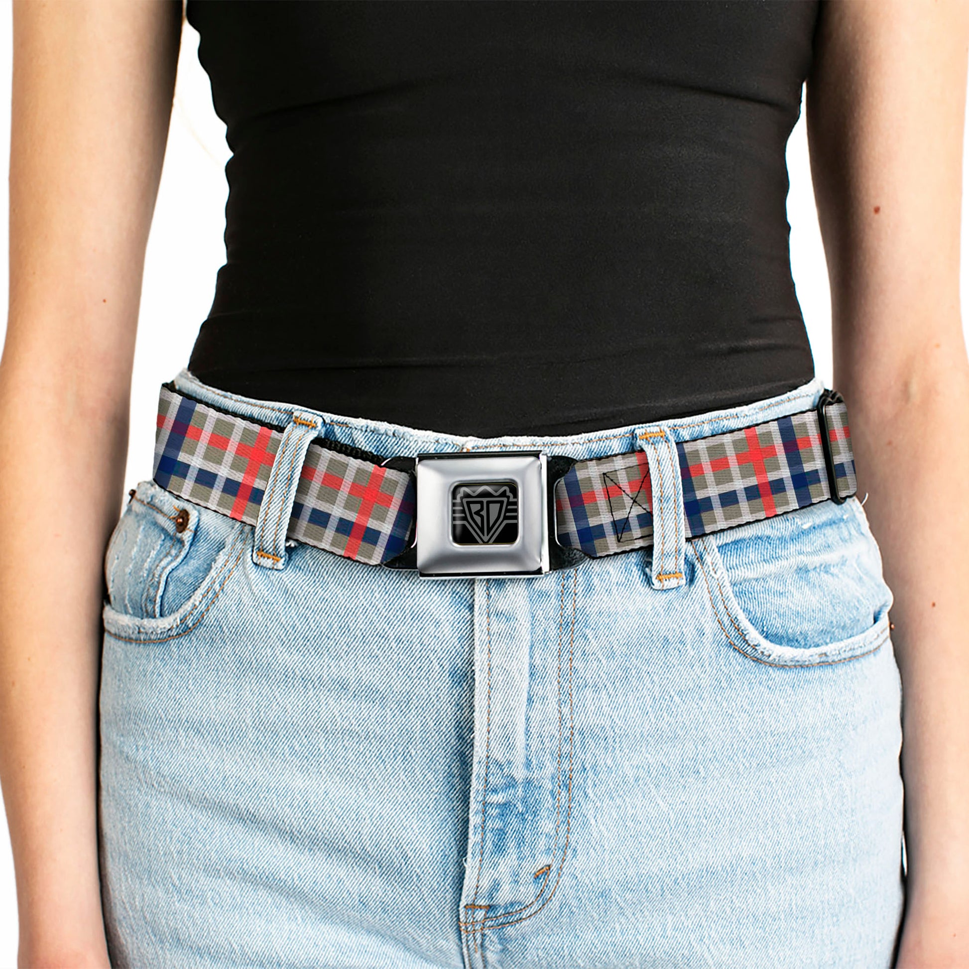 BD Wings Logo CLOSE-UP Black/Silver Seatbelt Belt - Plaid4 Gray/Red/White/Blue Webbing Seatbelt Belts Buckle-Down