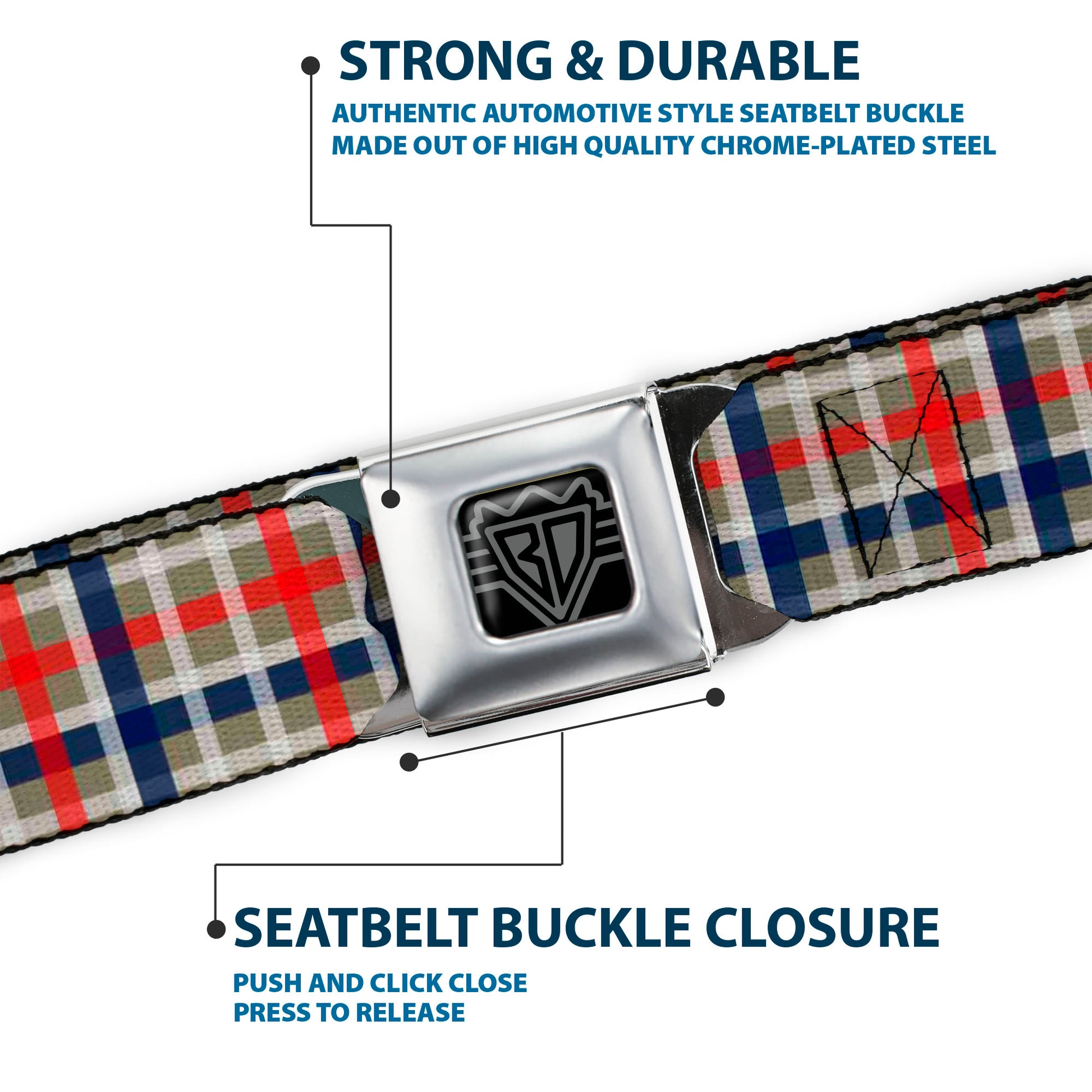 BD Wings Logo CLOSE-UP Black/Silver Seatbelt Belt - Plaid4 Gray/Red/White/Blue Webbing Seatbelt Belts Buckle-Down
