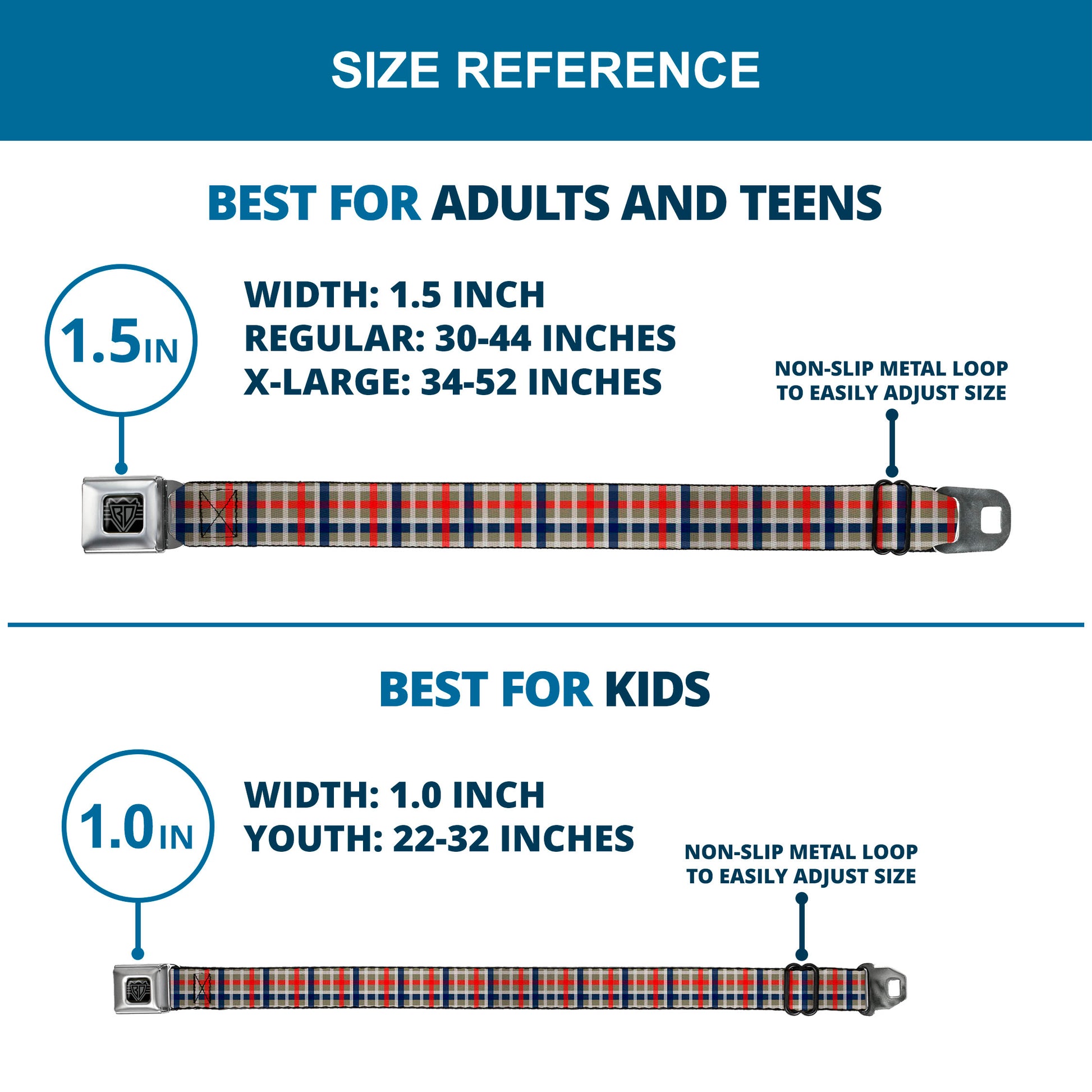 BD Wings Logo CLOSE-UP Black/Silver Seatbelt Belt - Plaid4 Gray/Red/White/Blue Webbing Seatbelt Belts Buckle-Down