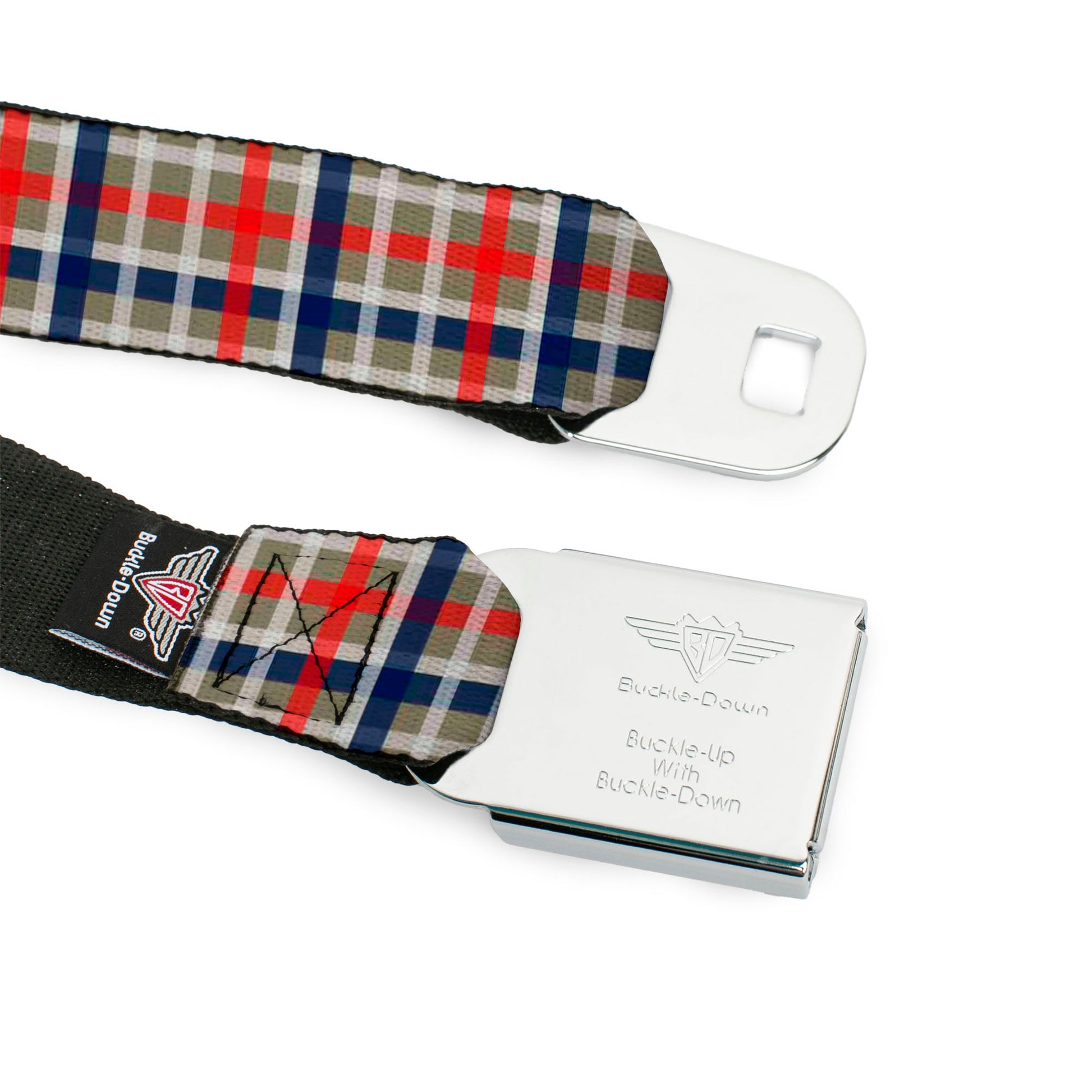 BD Wings Logo CLOSE-UP Black/Silver Seatbelt Belt - Plaid4 Gray/Red/White/Blue Webbing Seatbelt Belts Buckle-Down