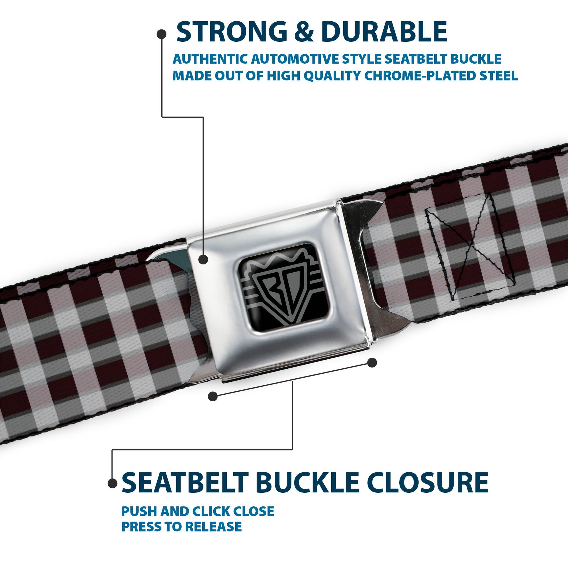 BD Wings Logo CLOSE-UP Black/Silver Seatbelt Belt - Plaid5 Black/Grays Webbing Seatbelt Belts Buckle-Down