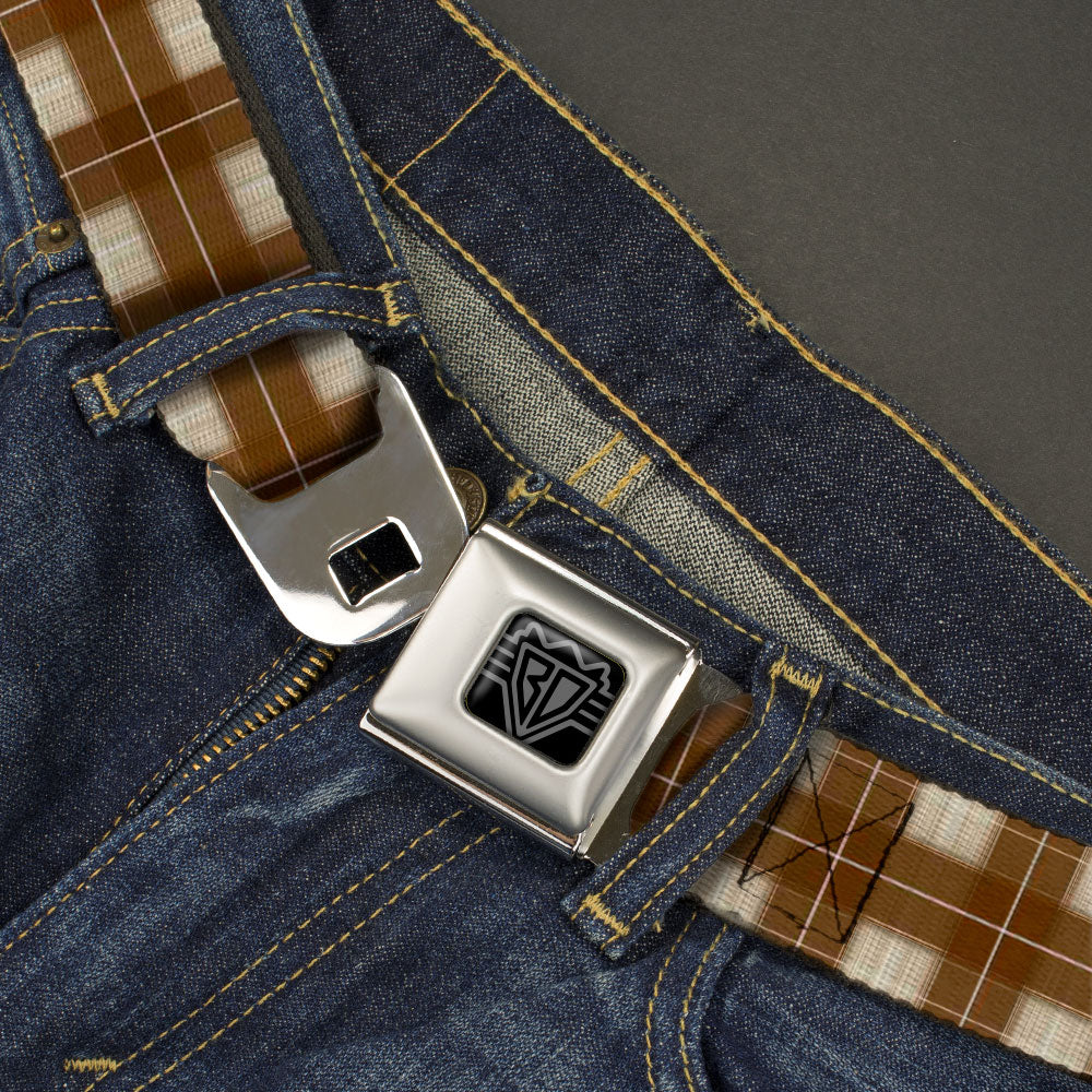 BD Wings Logo CLOSE-UP Black/Silver Seatbelt Belt - Plaid6 Tans/Brown/White Webbing Seatbelt Belts Buckle-Down