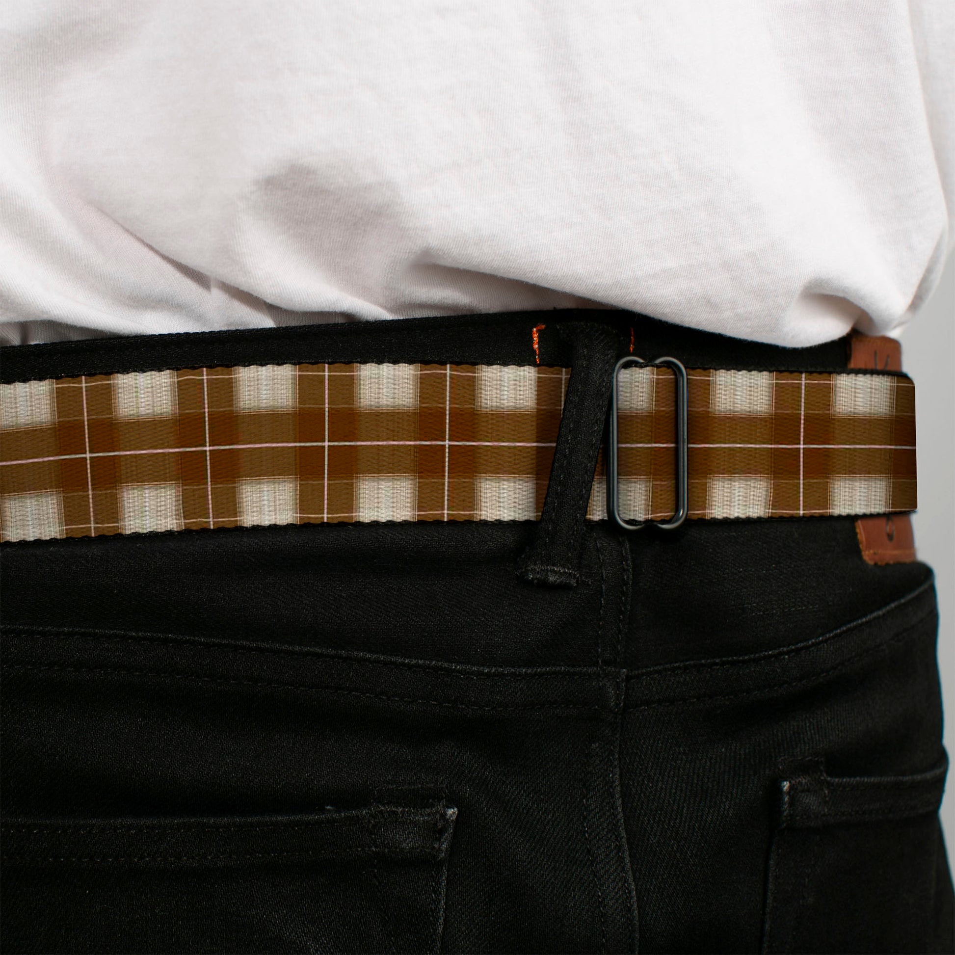 BD Wings Logo CLOSE-UP Black/Silver Seatbelt Belt - Plaid6 Tans/Brown/White Webbing Seatbelt Belts Buckle-Down