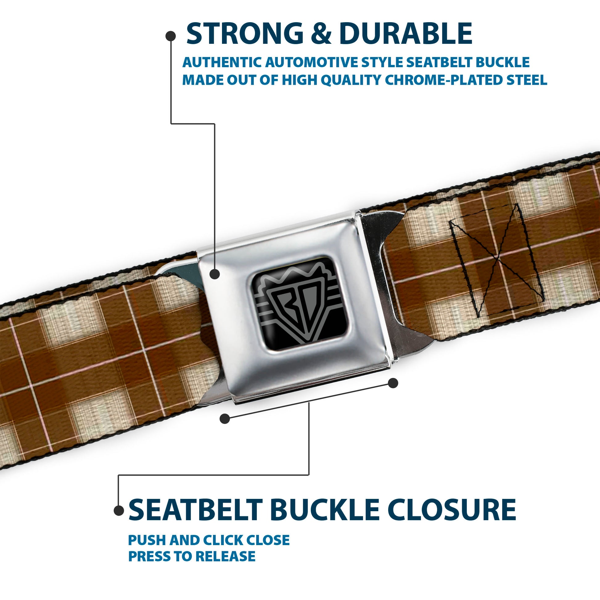 BD Wings Logo CLOSE-UP Black/Silver Seatbelt Belt - Plaid6 Tans/Brown/White Webbing Seatbelt Belts Buckle-Down