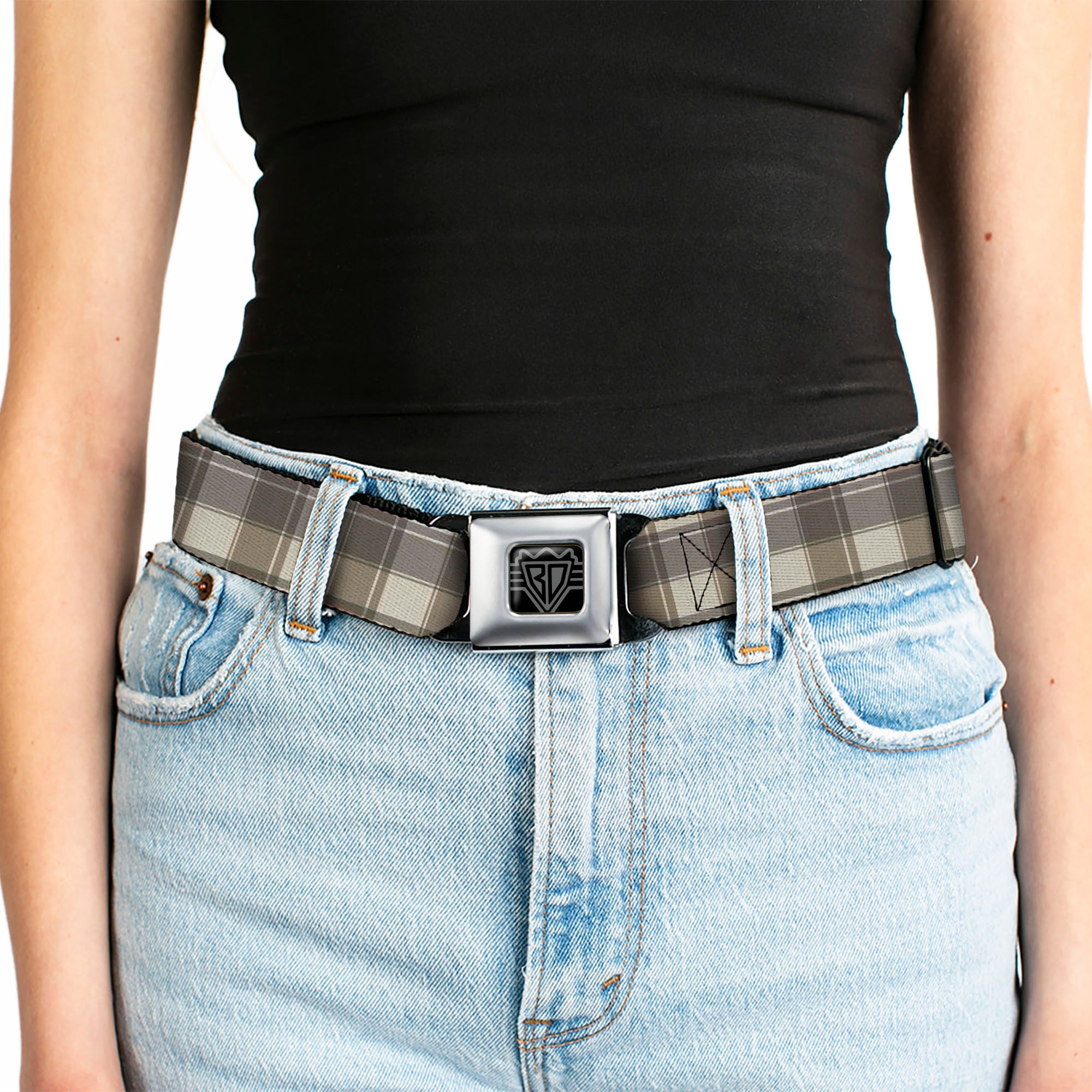 BD Wings Logo CLOSE-UP Black/Silver Seatbelt Belt - Plaid7 Tonal Tans Webbing Seatbelt Belts Buckle-Down