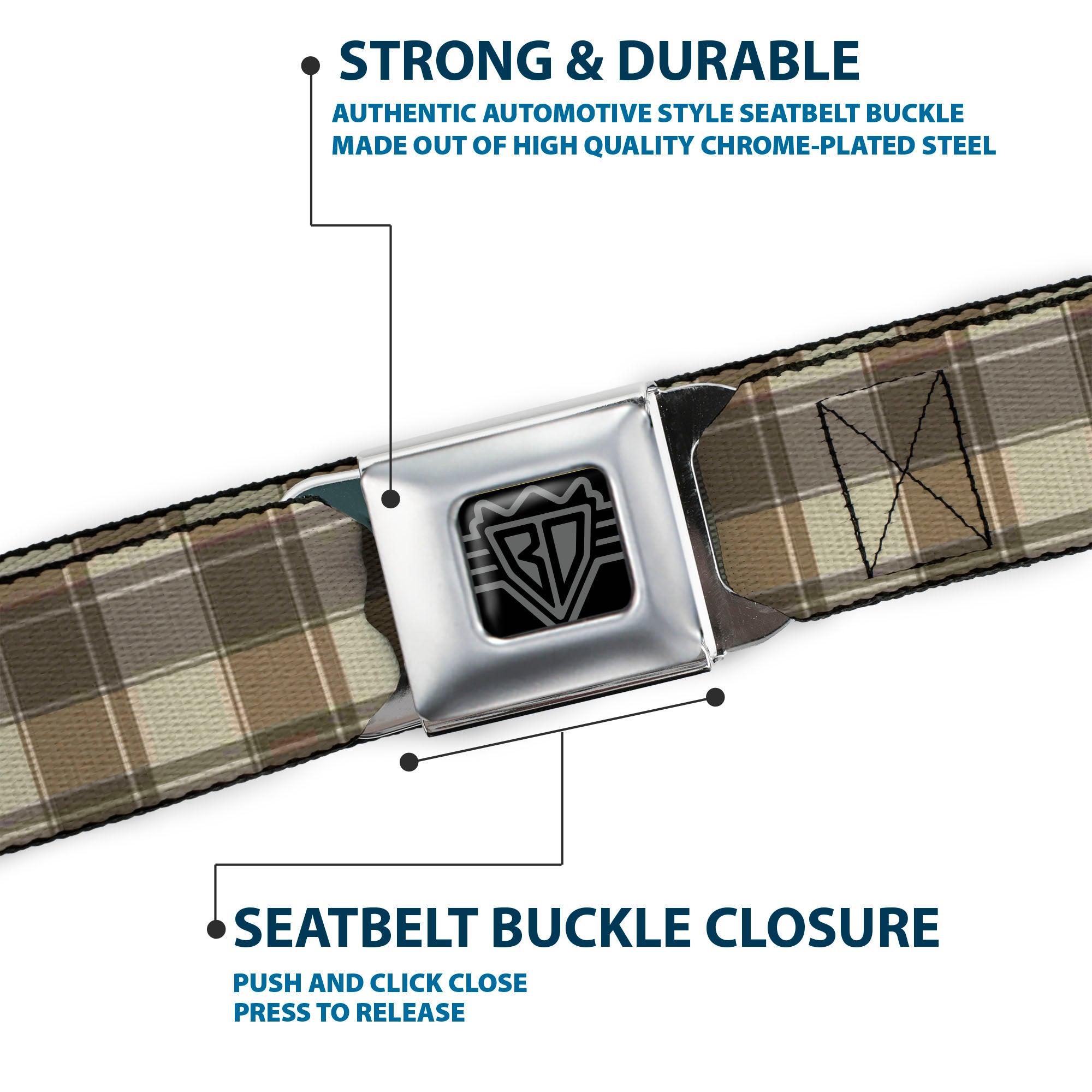 BD Wings Logo CLOSE-UP Black/Silver Seatbelt Belt - Plaid7 Tonal Tans Webbing Seatbelt Belts Buckle-Down