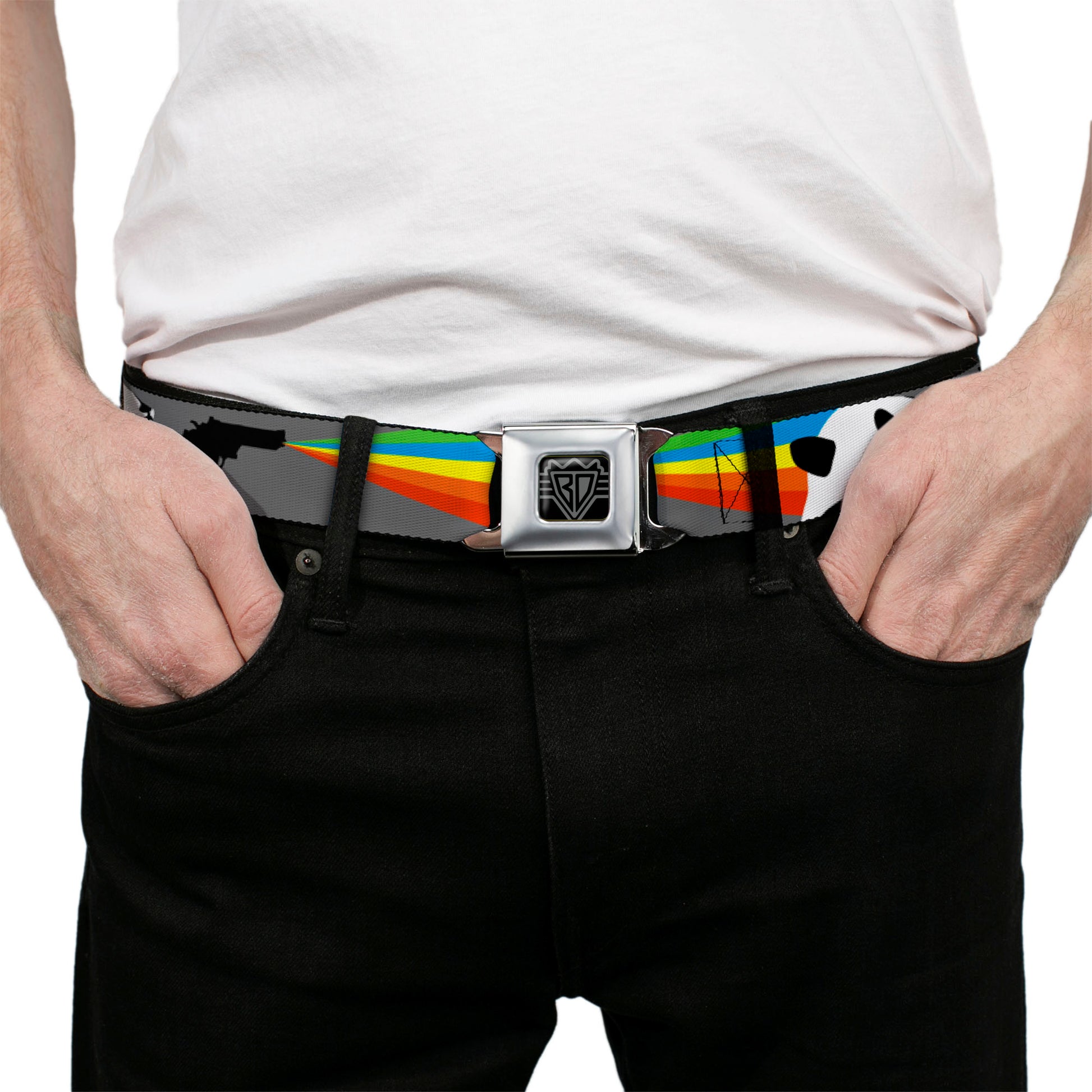 BD Wings Logo CLOSE-UP Black/Silver Seatbelt Belt - Panda Shooting Rainbow Rays Gray/Black/White/Mutli Color Webbing Seatbelt Belts Buckle-Down