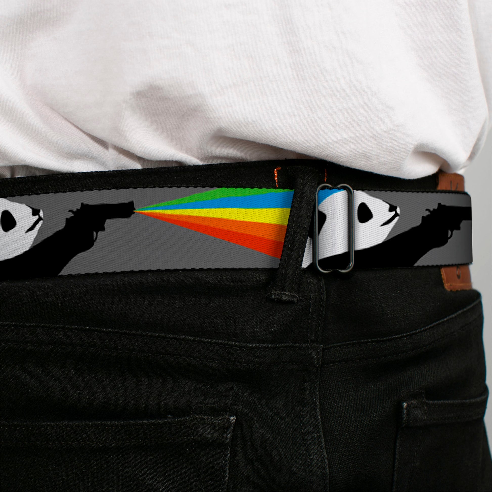 BD Wings Logo CLOSE-UP Black/Silver Seatbelt Belt - Panda Shooting Rainbow Rays Gray/Black/White/Mutli Color Webbing Seatbelt Belts Buckle-Down