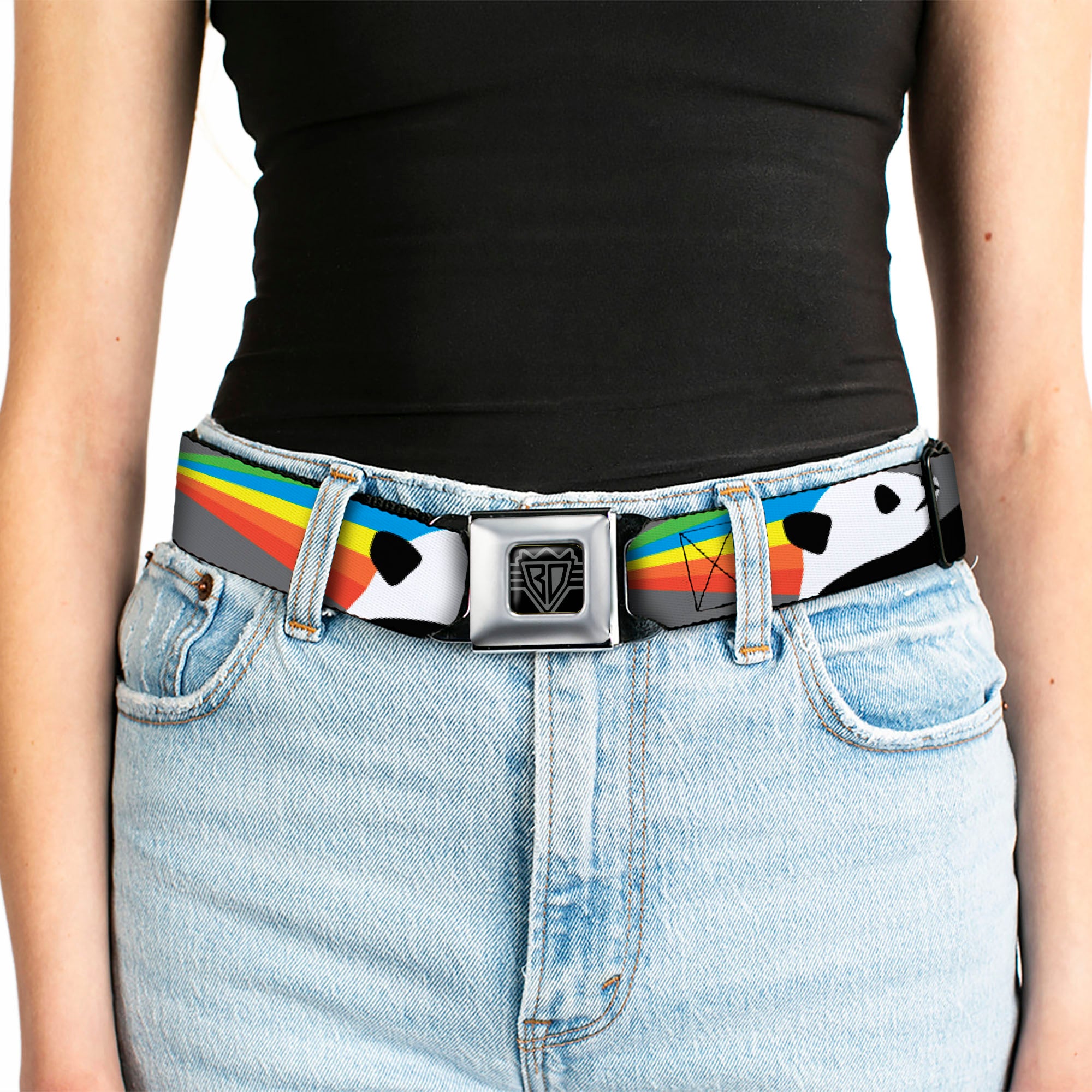 BD Wings Logo CLOSE-UP Black/Silver Seatbelt Belt - Panda Shooting Rainbow Rays Gray/Black/White/Mutli Color Webbing Seatbelt Belts Buckle-Down