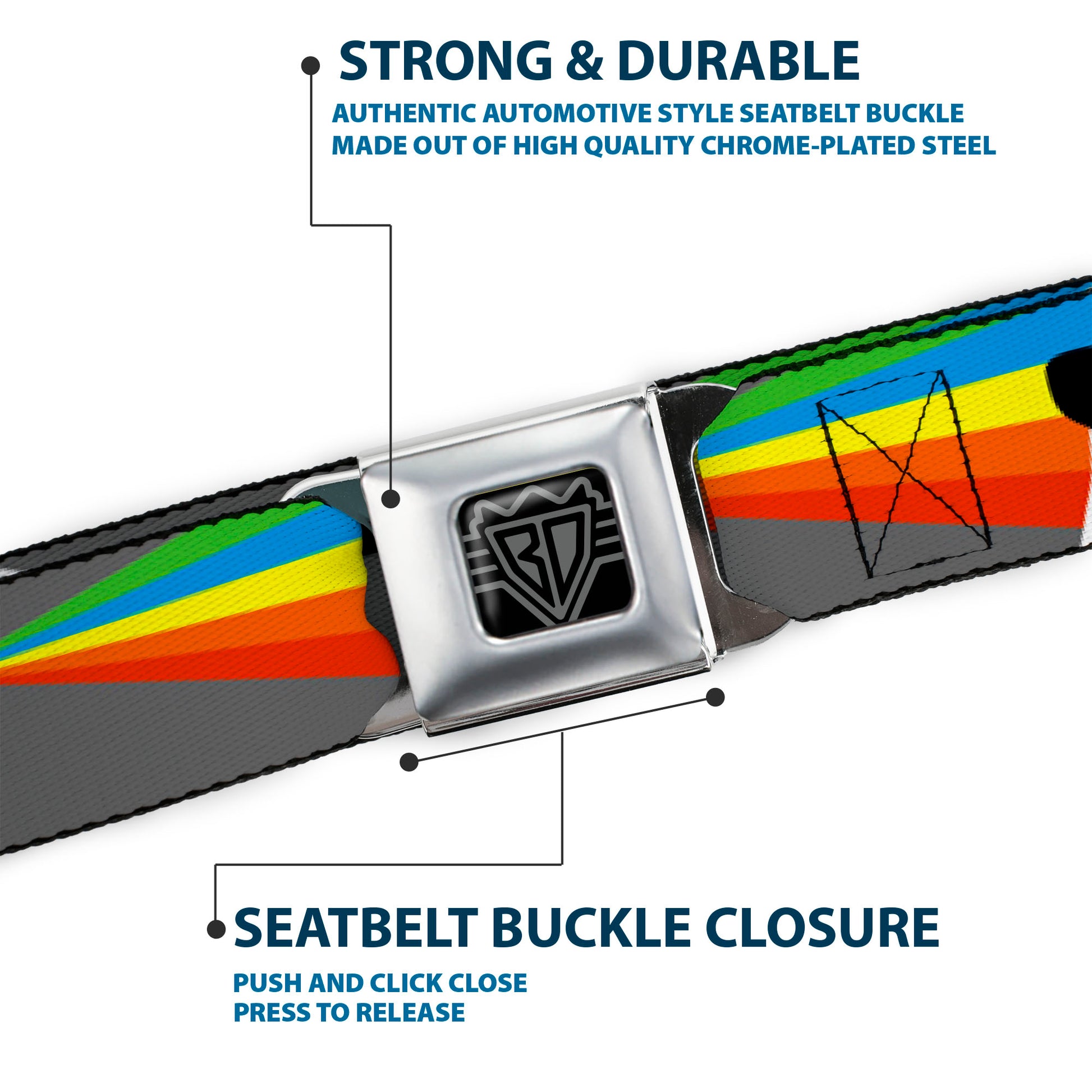 BD Wings Logo CLOSE-UP Black/Silver Seatbelt Belt - Panda Shooting Rainbow Rays Gray/Black/White/Mutli Color Webbing Seatbelt Belts Buckle-Down