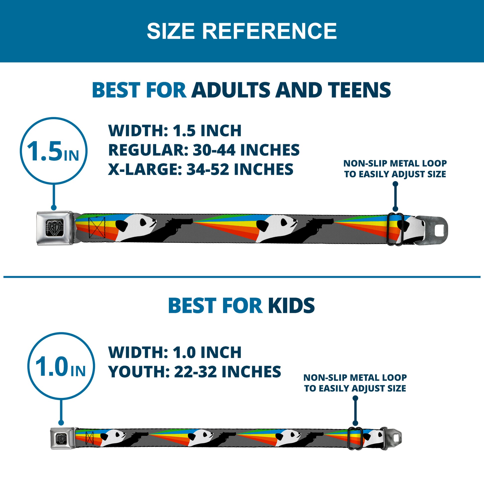 BD Wings Logo CLOSE-UP Black/Silver Seatbelt Belt - Panda Shooting Rainbow Rays Gray/Black/White/Mutli Color Webbing Seatbelt Belts Buckle-Down