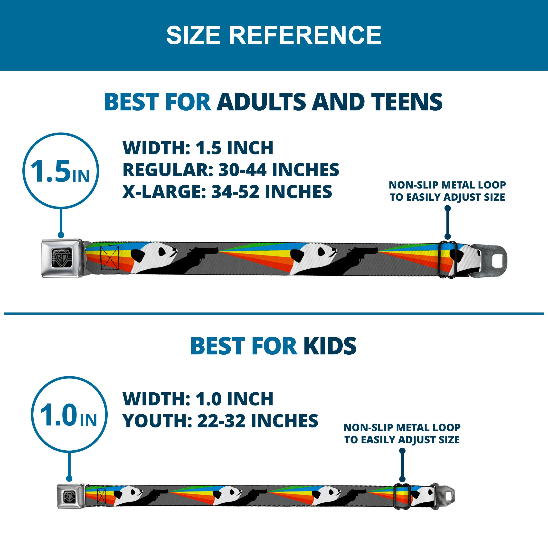BD Wings Logo CLOSE-UP Black/Silver Seatbelt Belt - Panda Shooting Rainbow Rays Gray/Black/White/Mutli Color Webbing Seatbelt Belts Buckle-Down