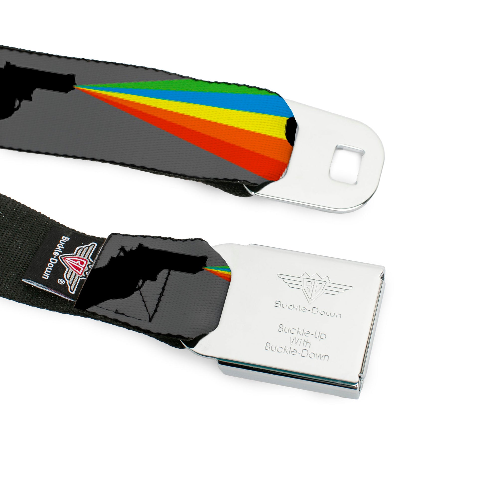 BD Wings Logo CLOSE-UP Black/Silver Seatbelt Belt - Panda Shooting Rainbow Rays Gray/Black/White/Mutli Color Webbing Seatbelt Belts Buckle-Down