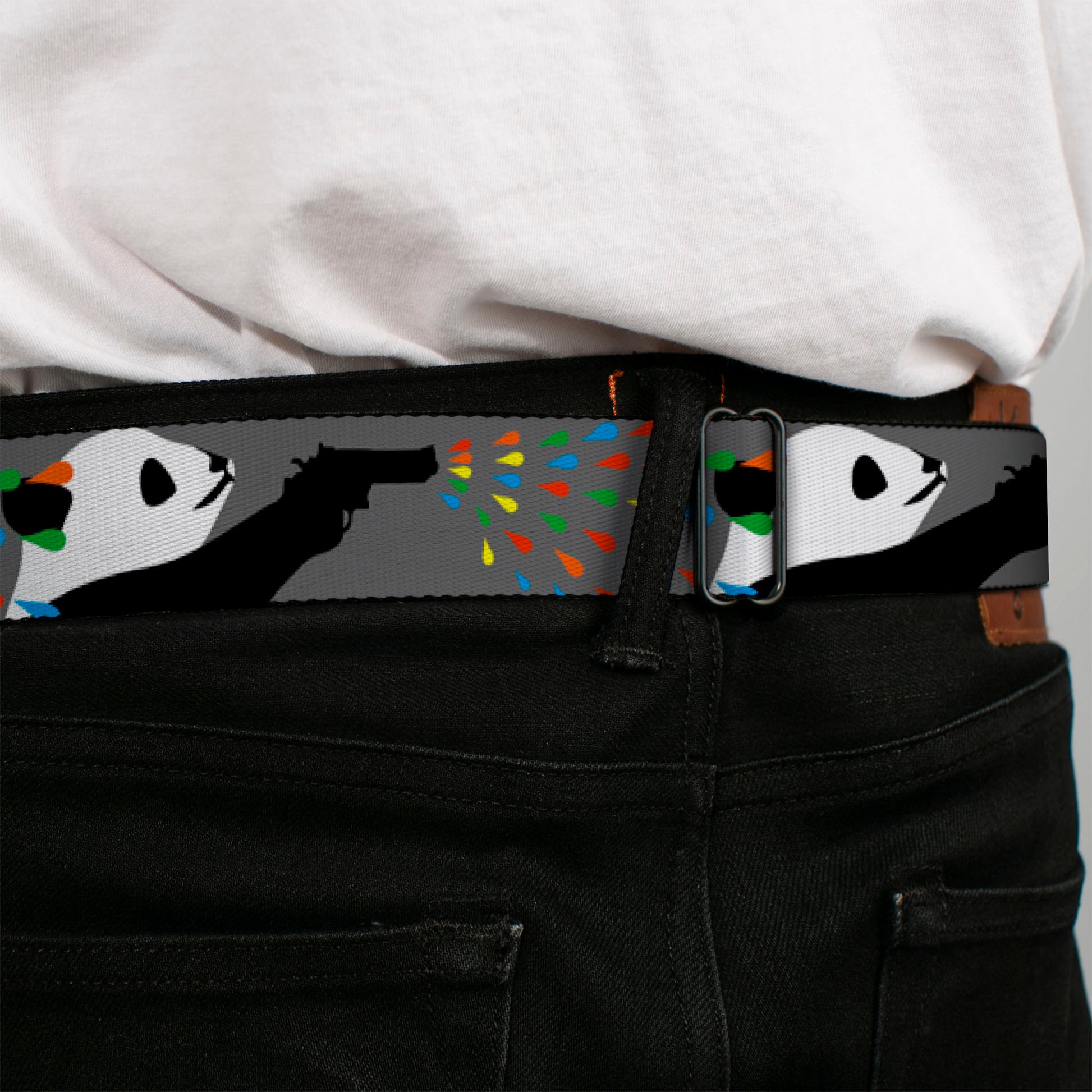 BD Wings Logo CLOSE-UP Black/Silver Seatbelt Belt - Panda Shooting Drops Gray/Black/White/Mutli Color Webbing Seatbelt Belts Buckle-Down