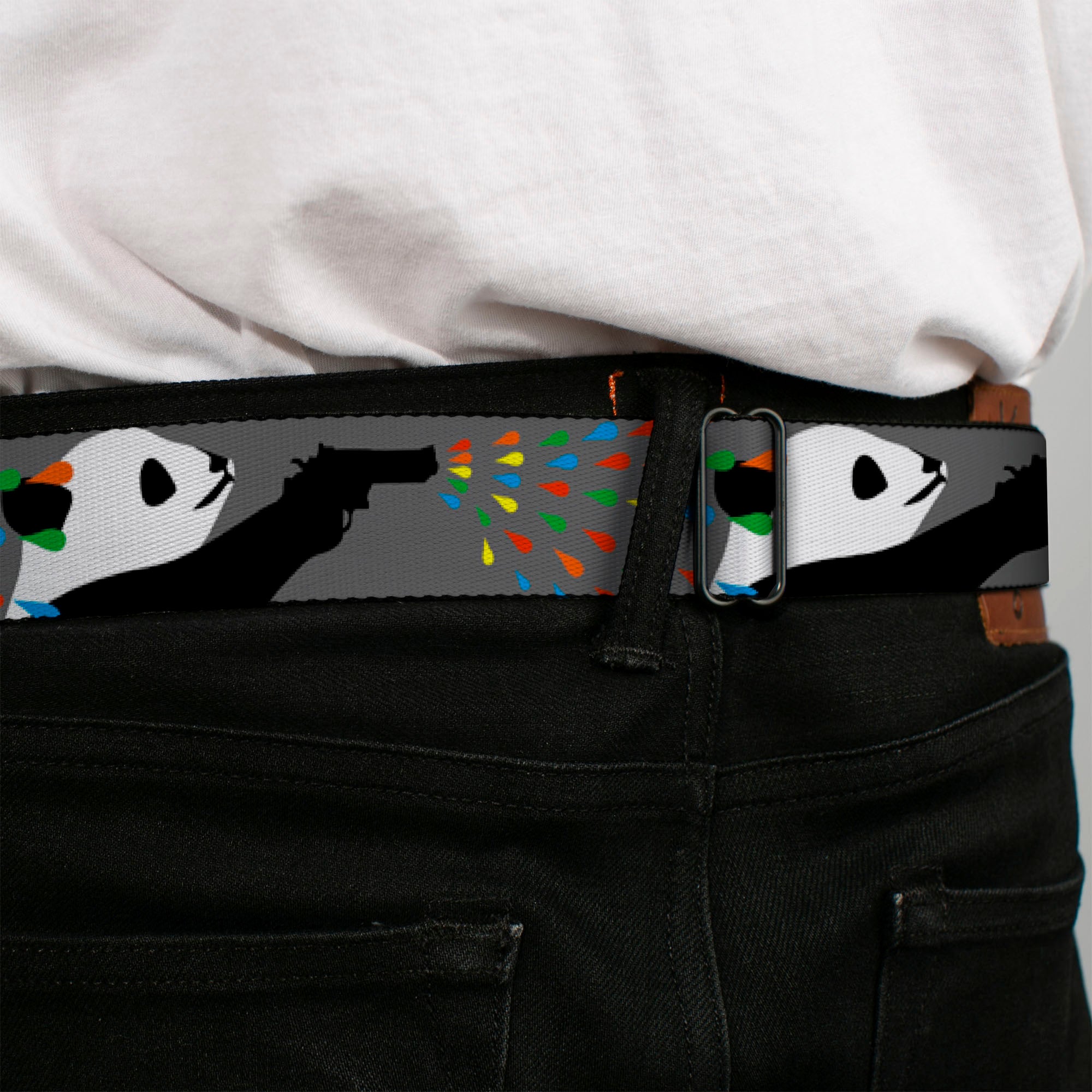 BD Wings Logo CLOSE-UP Black/Silver Seatbelt Belt - Panda Shooting Drops Gray/Black/White/Mutli Color Webbing Seatbelt Belts Buckle-Down