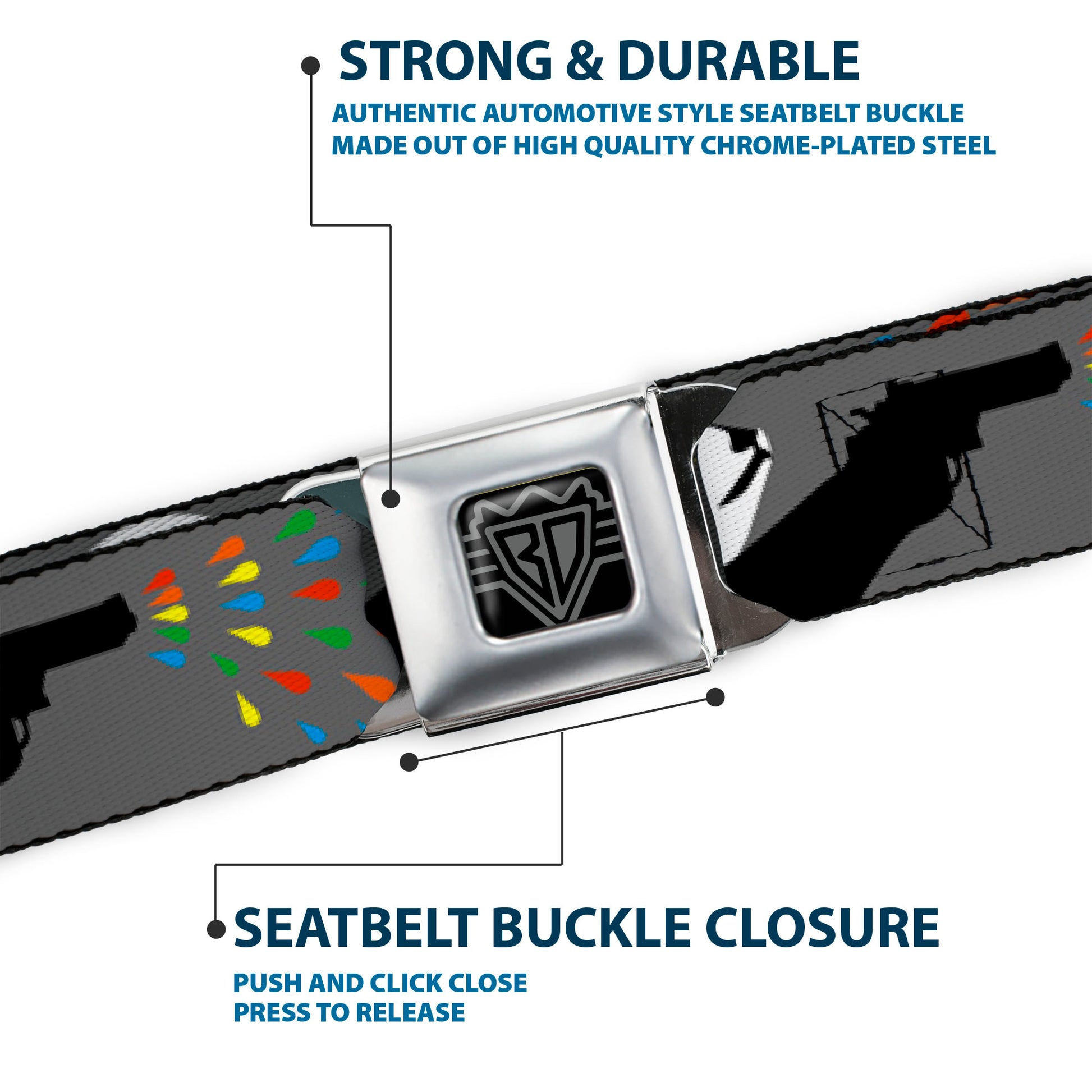 BD Wings Logo CLOSE-UP Black/Silver Seatbelt Belt - Panda Shooting Drops Gray/Black/White/Mutli Color Webbing Seatbelt Belts Buckle-Down