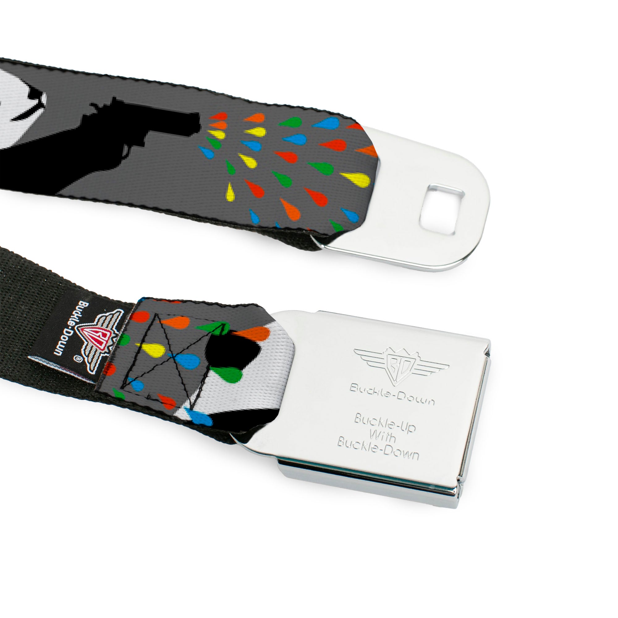 BD Wings Logo CLOSE-UP Black/Silver Seatbelt Belt - Panda Shooting Drops Gray/Black/White/Mutli Color Webbing Seatbelt Belts Buckle-Down