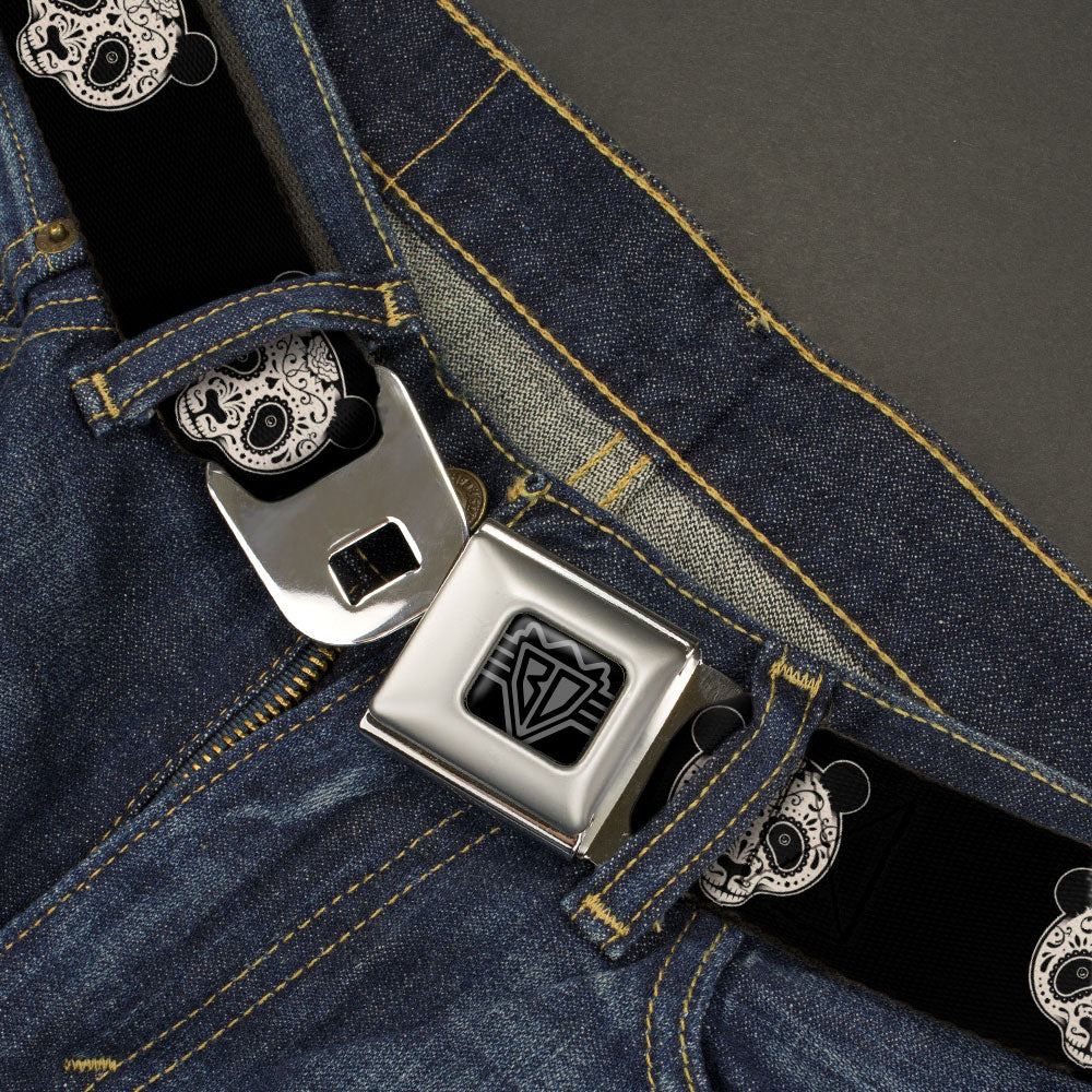 BD Wings Logo CLOSE-UP Black/Silver Seatbelt Belt - Panda Bear Sugar Skull Black/Cream Webbing Seatbelt Belts Buckle-Down