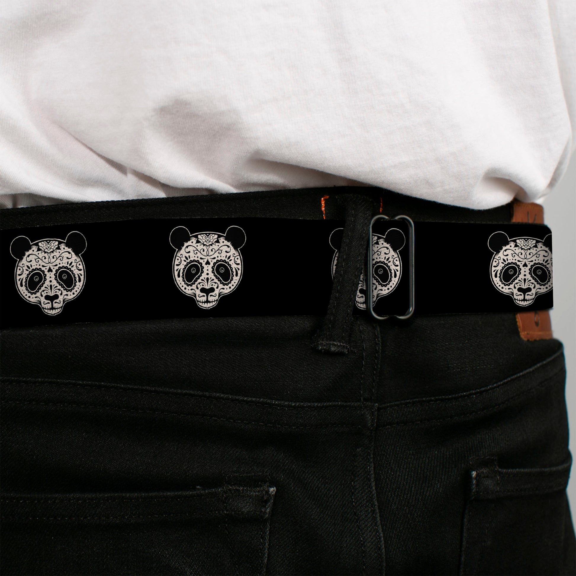 BD Wings Logo CLOSE-UP Black/Silver Seatbelt Belt - Panda Bear Sugar Skull Black/Cream Webbing Seatbelt Belts Buckle-Down