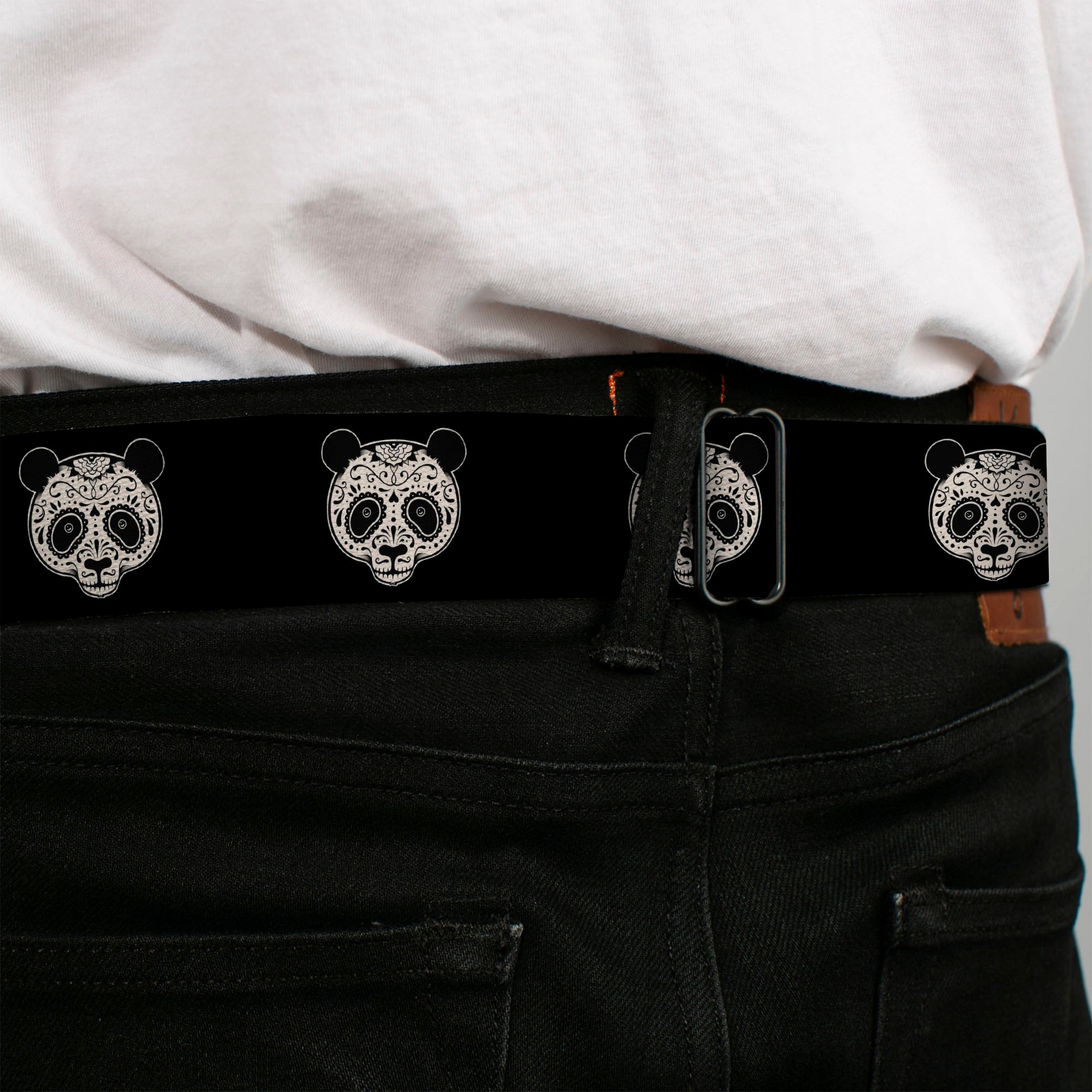 BD Wings Logo CLOSE-UP Black/Silver Seatbelt Belt - Panda Bear Sugar Skull Black/Cream Webbing Seatbelt Belts Buckle-Down