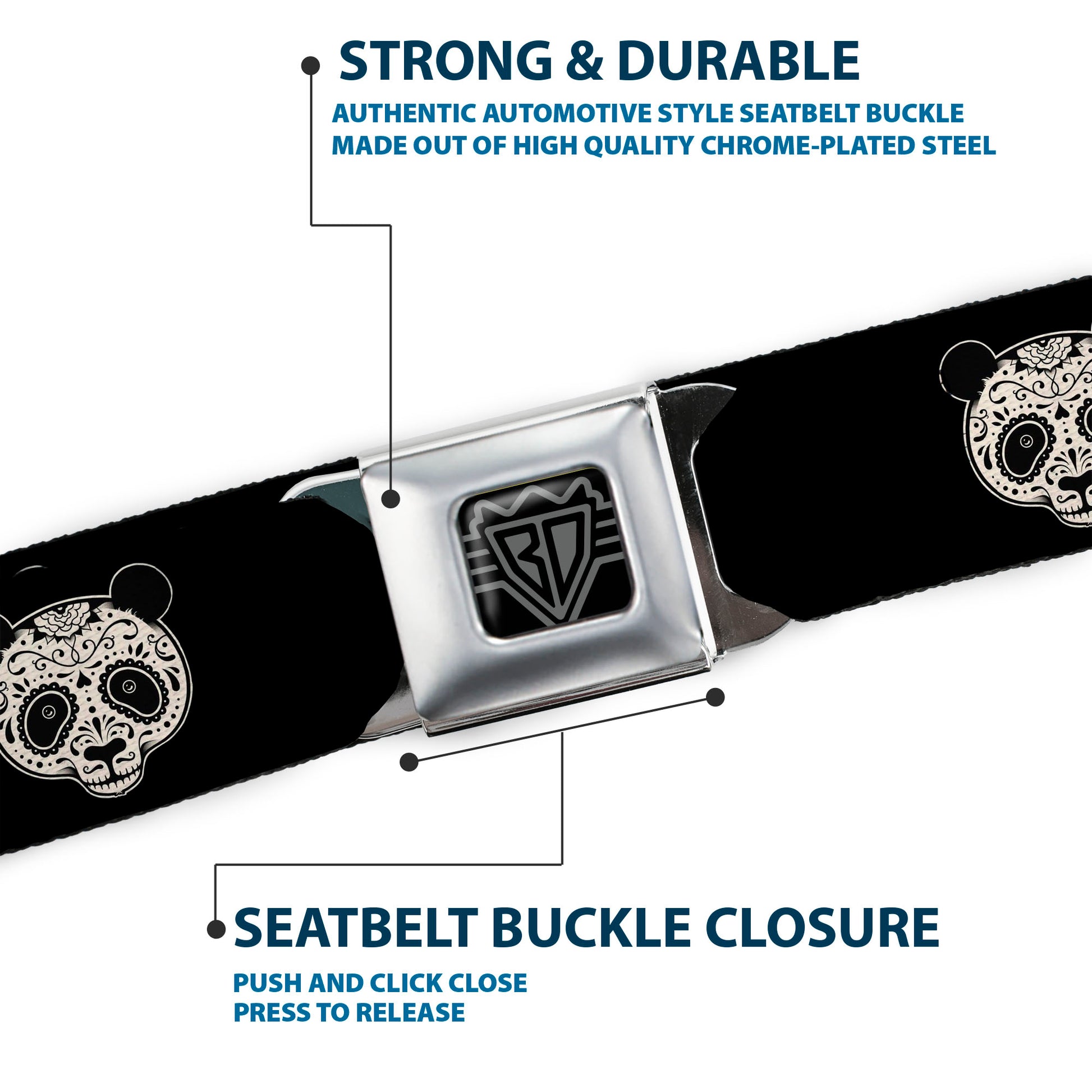 BD Wings Logo CLOSE-UP Black/Silver Seatbelt Belt - Panda Bear Sugar Skull Black/Cream Webbing Seatbelt Belts Buckle-Down