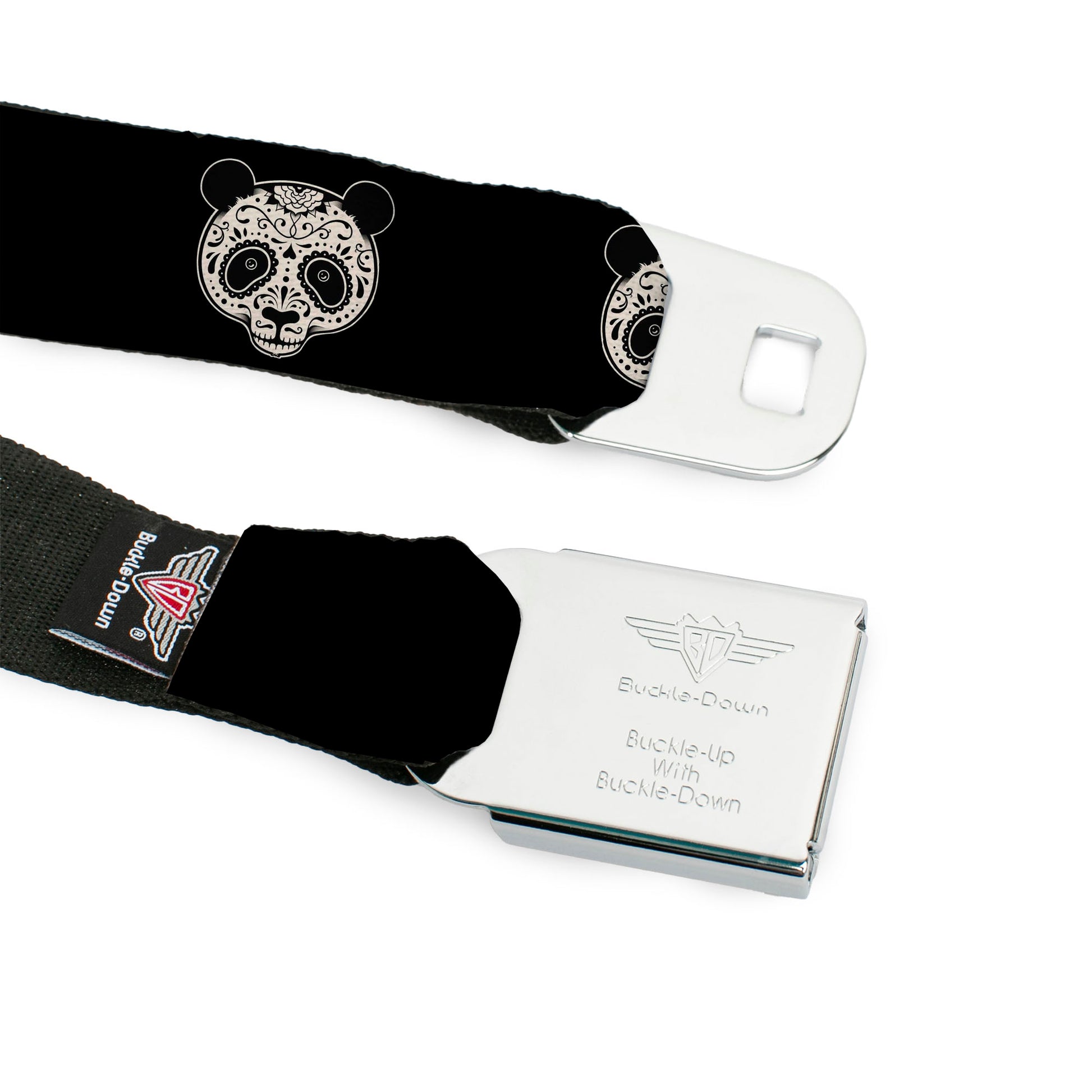 BD Wings Logo CLOSE-UP Black/Silver Seatbelt Belt - Panda Bear Sugar Skull Black/Cream Webbing Seatbelt Belts Buckle-Down