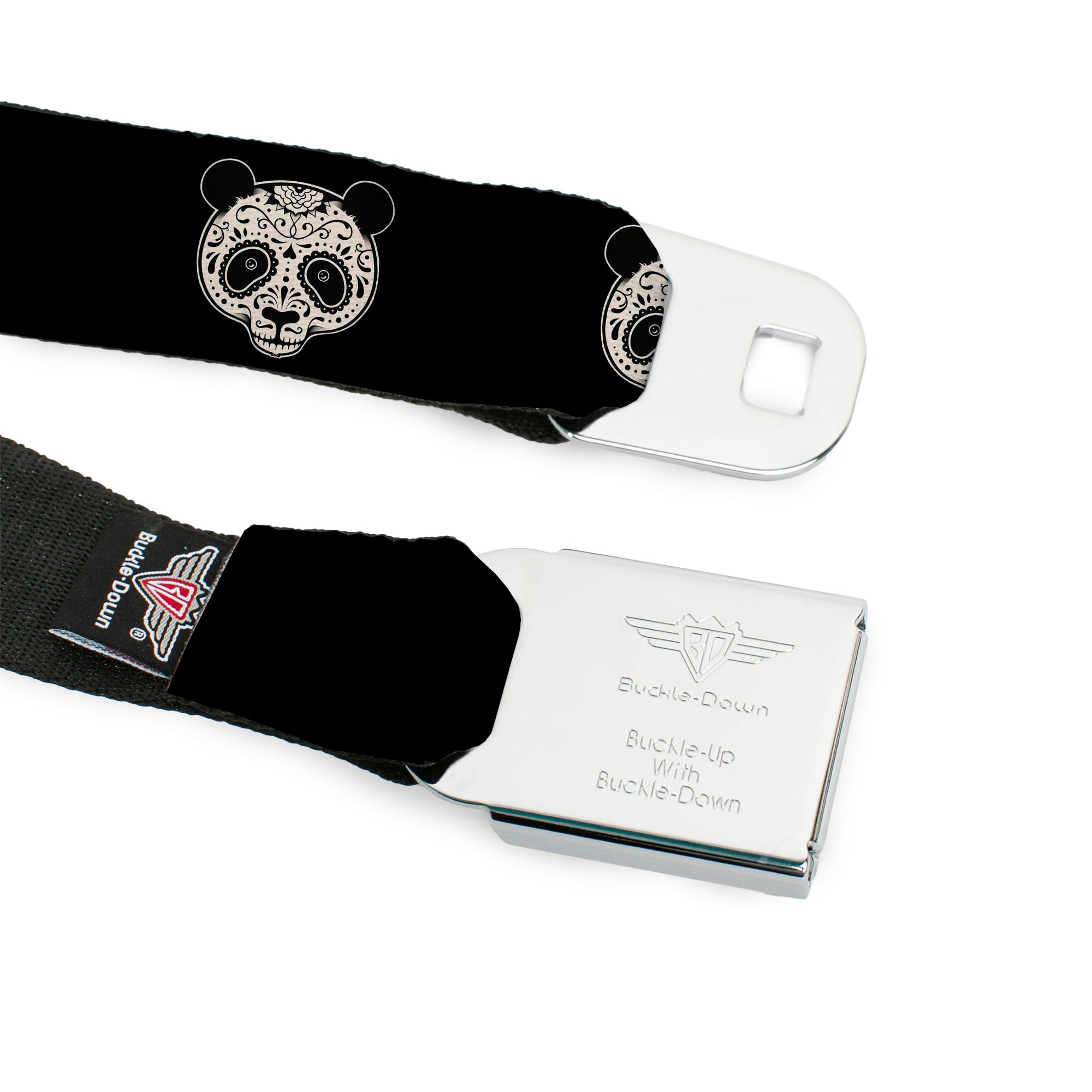 BD Wings Logo CLOSE-UP Black/Silver Seatbelt Belt - Panda Bear Sugar Skull Black/Cream Webbing Seatbelt Belts Buckle-Down