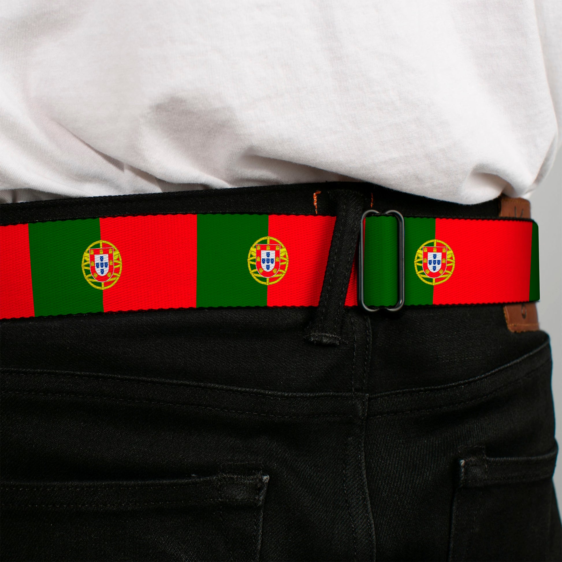 BD Wings Logo CLOSE-UP Black/Silver Seatbelt Belt - Portugal Flag Green/Red Webbing Seatbelt Belts Buckle-Down