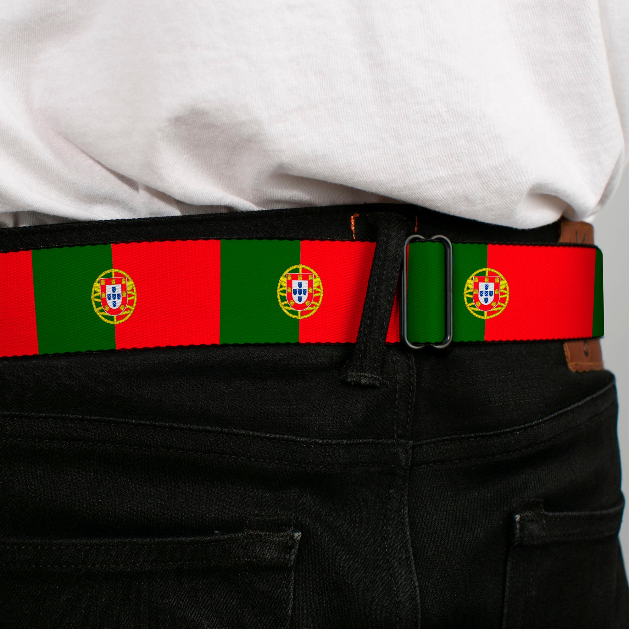 BD Wings Logo CLOSE-UP Black/Silver Seatbelt Belt - Portugal Flag Green/Red Webbing Seatbelt Belts Buckle-Down