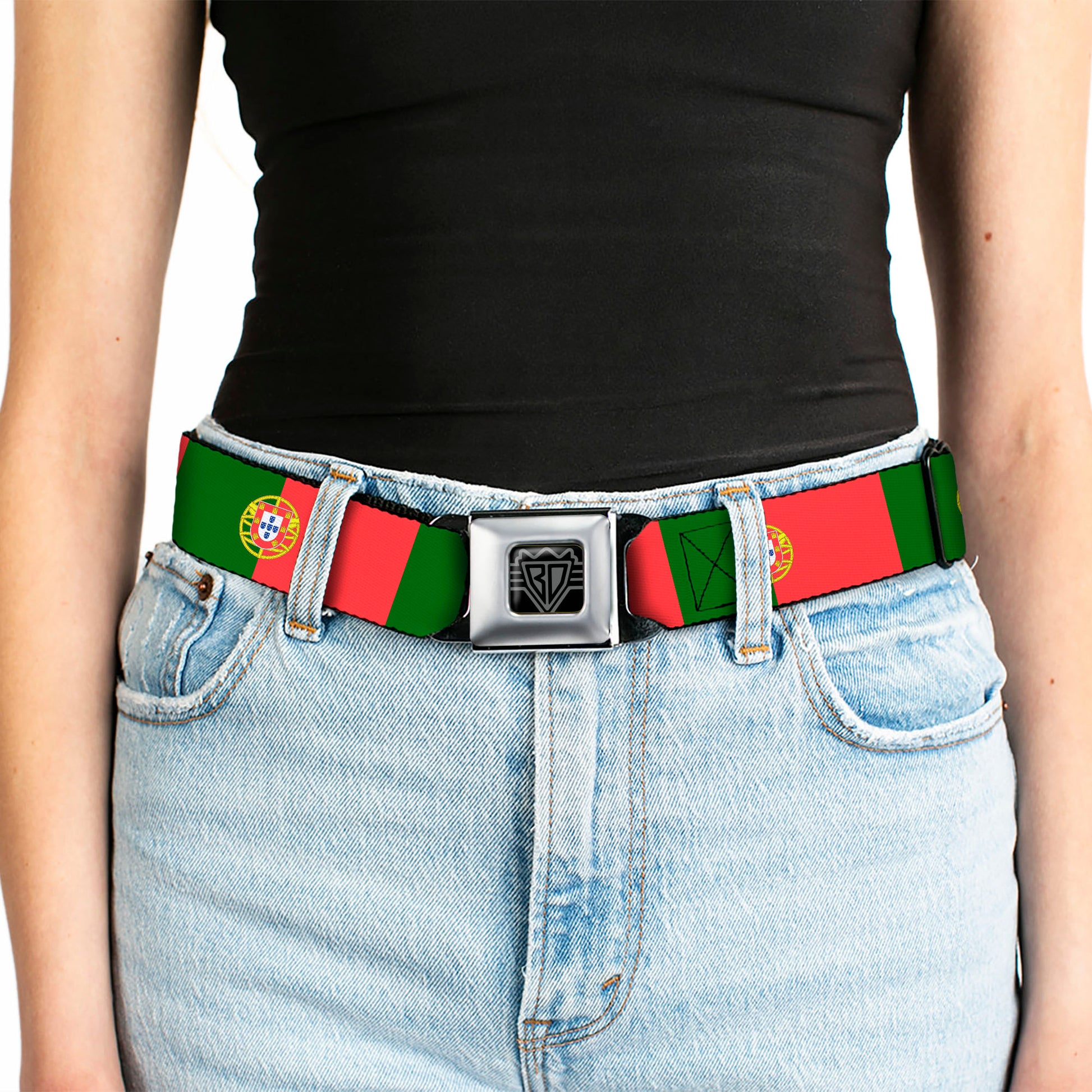 BD Wings Logo CLOSE-UP Black/Silver Seatbelt Belt - Portugal Flag Green/Red Webbing Seatbelt Belts Buckle-Down