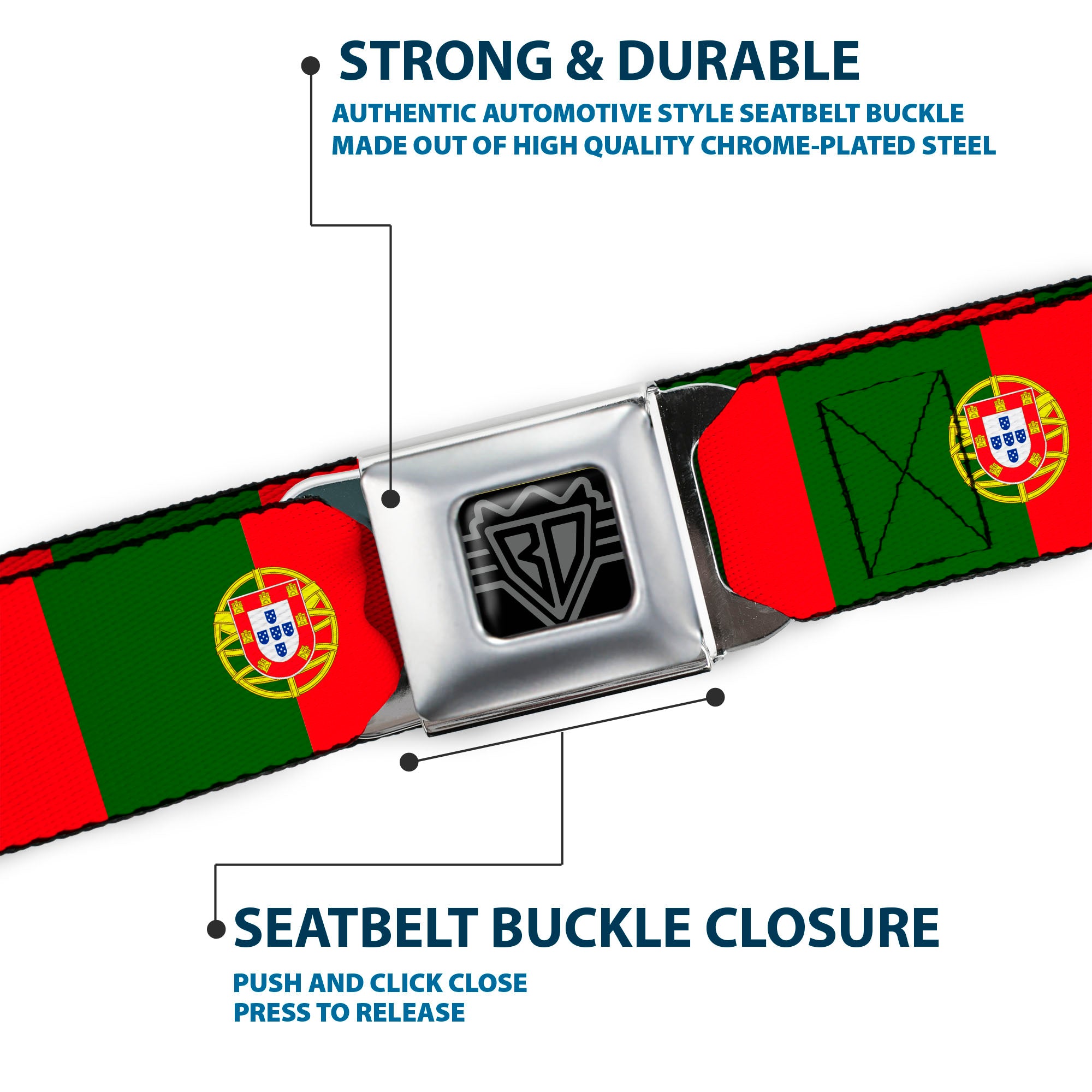 BD Wings Logo CLOSE-UP Black/Silver Seatbelt Belt - Portugal Flag Green/Red Webbing Seatbelt Belts Buckle-Down