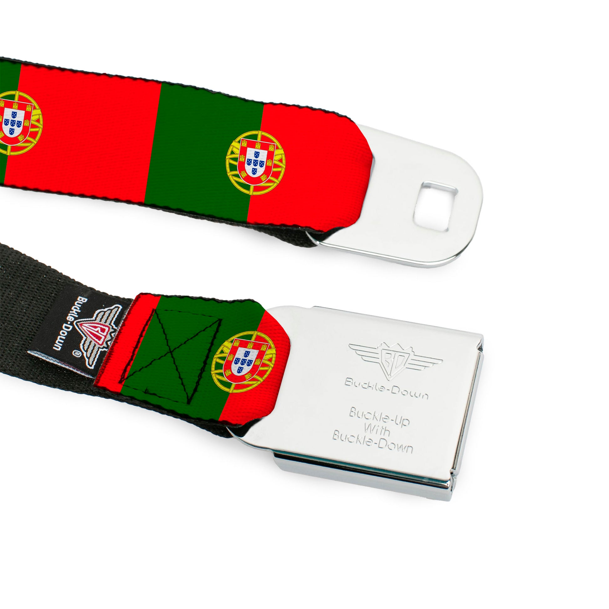 BD Wings Logo CLOSE-UP Black/Silver Seatbelt Belt - Portugal Flag Green/Red Webbing Seatbelt Belts Buckle-Down