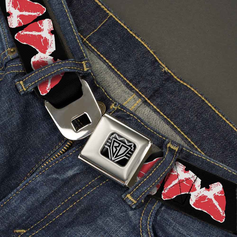 BD Wings Logo CLOSE-UP Full Color Black Silver Seatbelt Belt - Steaks w/MEAT Text Webbing Seatbelt Belts Buckle-Down