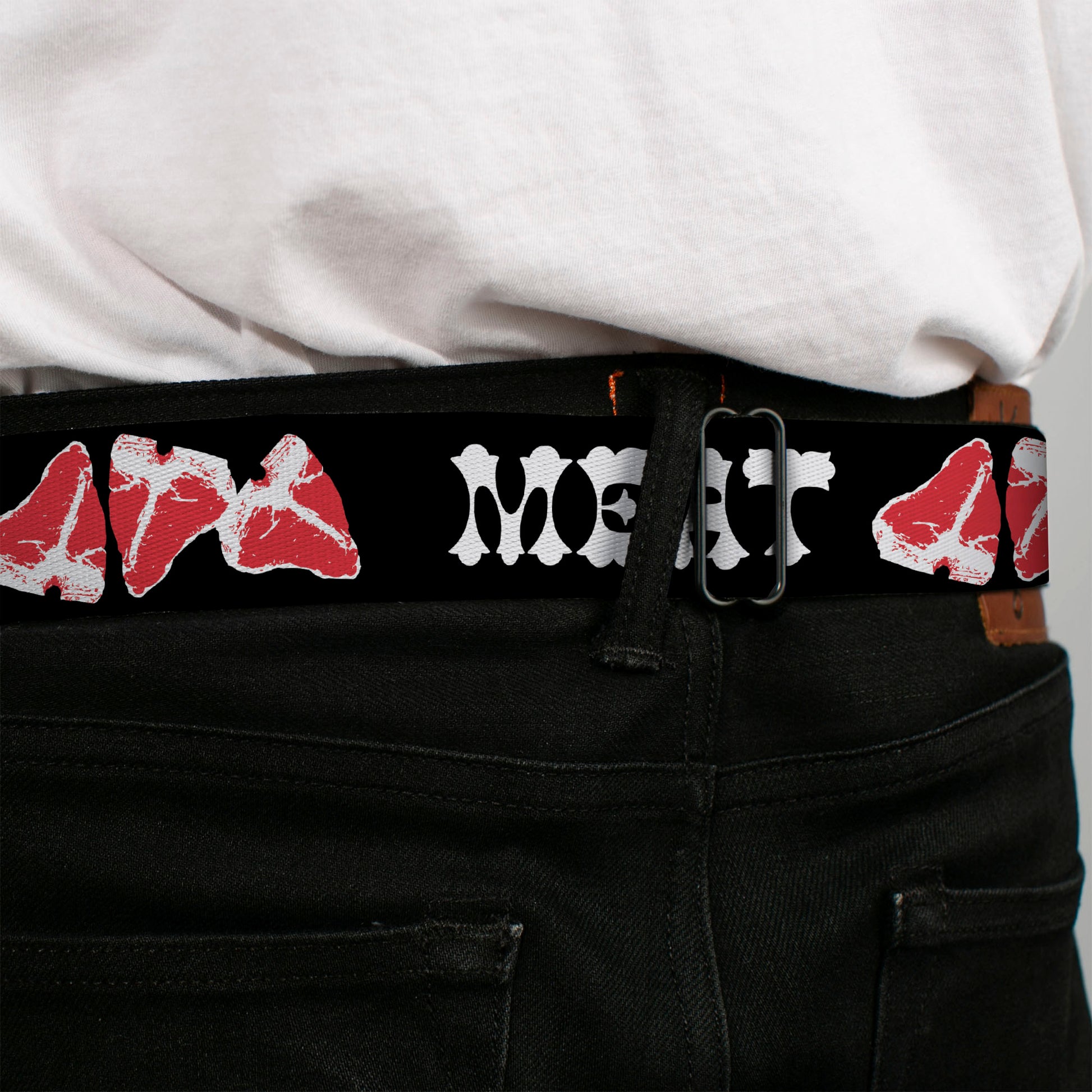 BD Wings Logo CLOSE-UP Full Color Black Silver Seatbelt Belt - Steaks w/MEAT Text Webbing Seatbelt Belts Buckle-Down