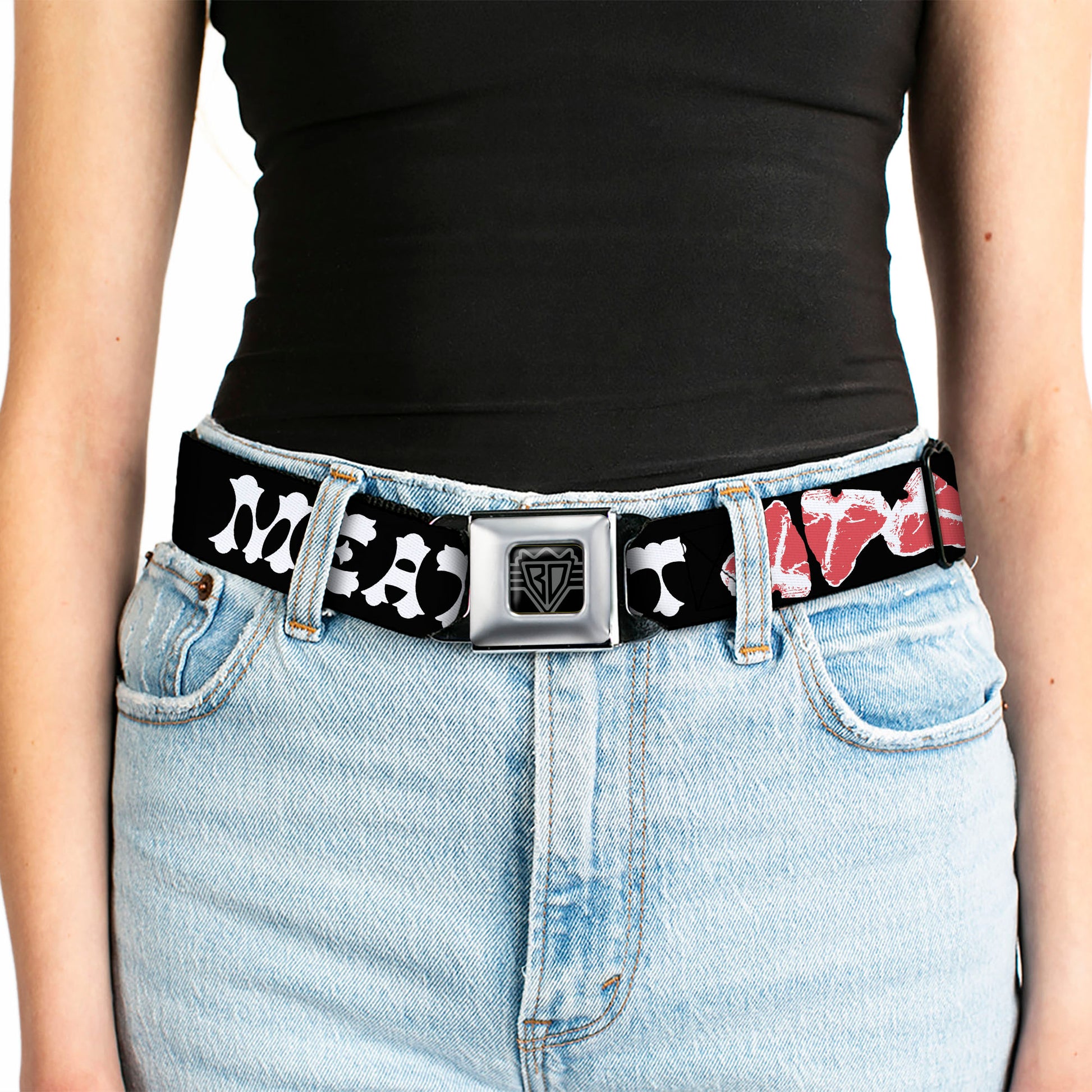 BD Wings Logo CLOSE-UP Full Color Black Silver Seatbelt Belt - Steaks w/MEAT Text Webbing Seatbelt Belts Buckle-Down