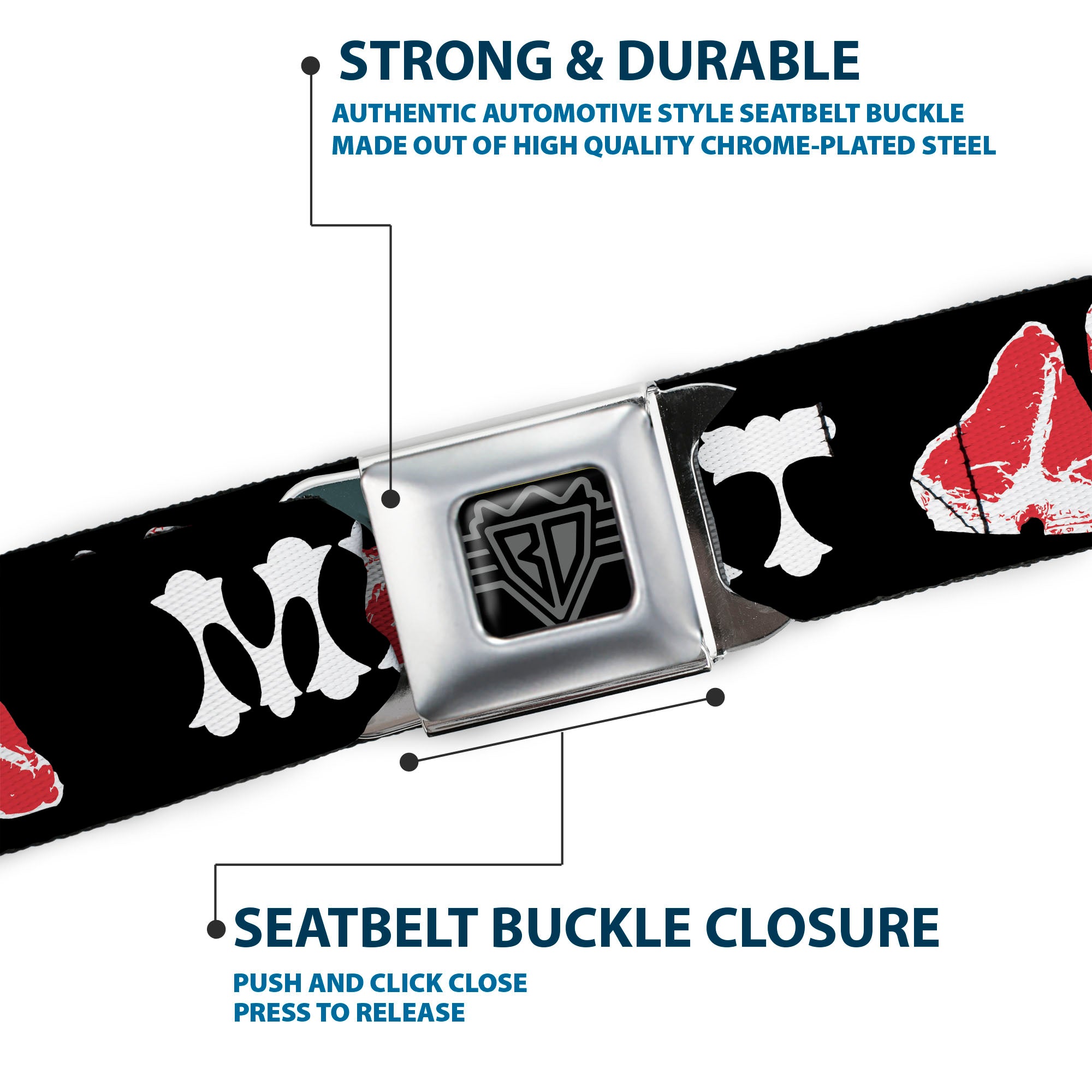 BD Wings Logo CLOSE-UP Full Color Black Silver Seatbelt Belt - Steaks w/MEAT Text Webbing Seatbelt Belts Buckle-Down