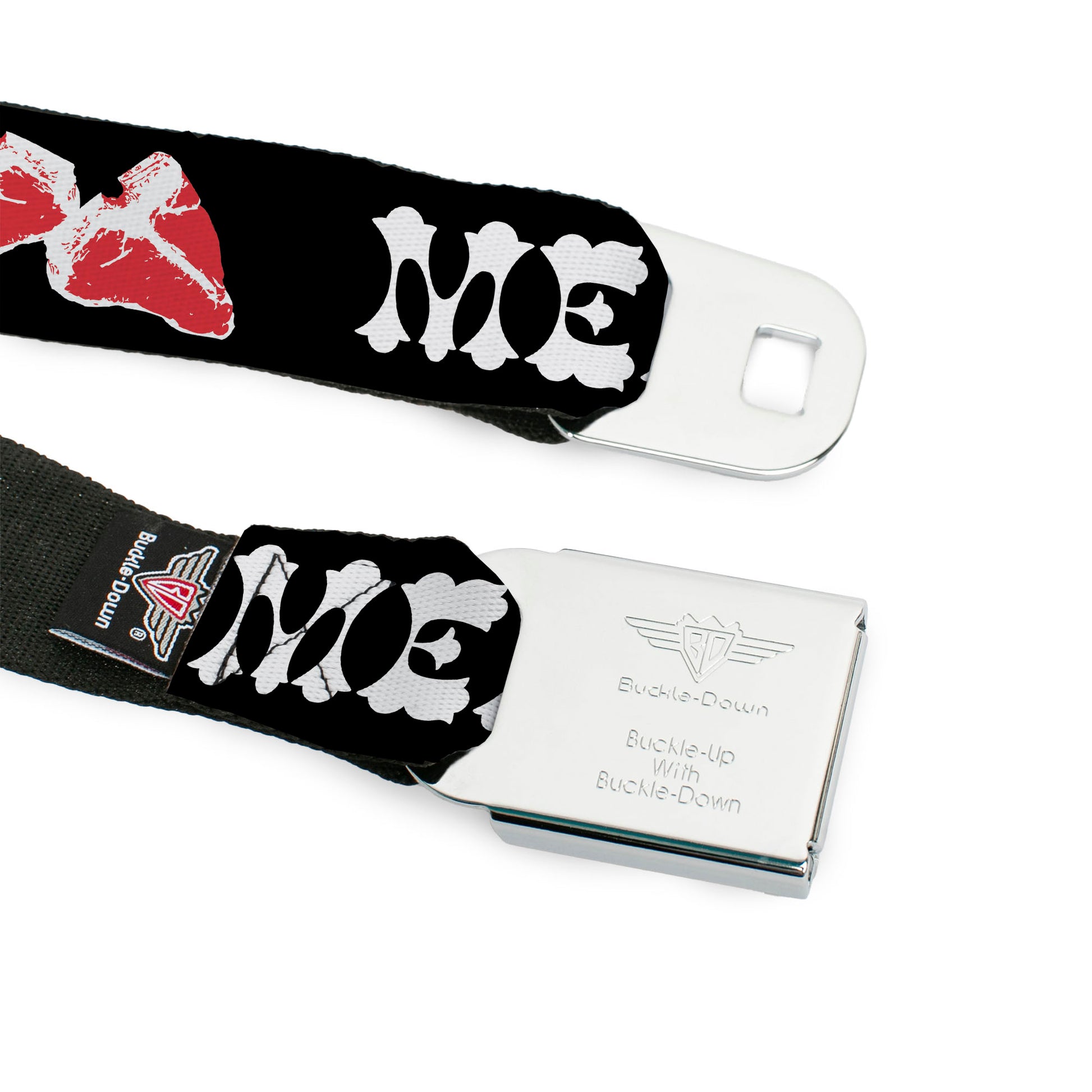 BD Wings Logo CLOSE-UP Full Color Black Silver Seatbelt Belt - Steaks w/MEAT Text Webbing Seatbelt Belts Buckle-Down