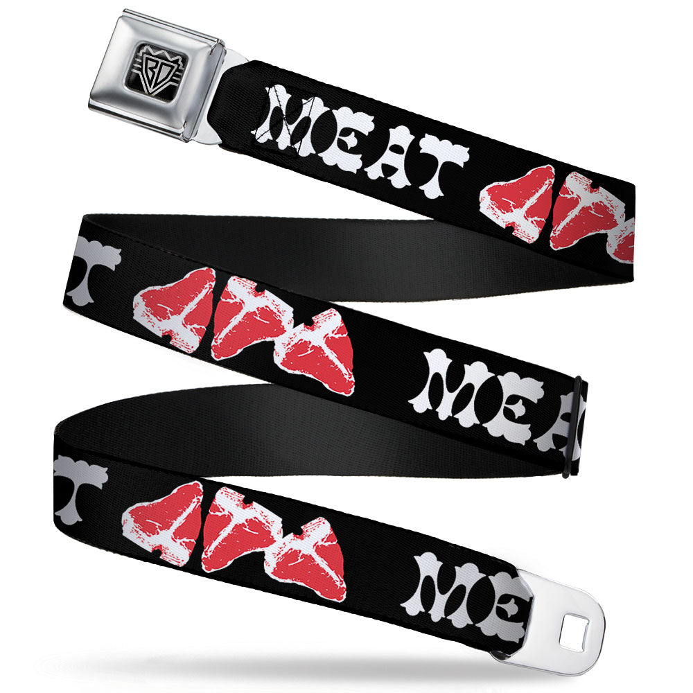 BD Wings Logo CLOSE-UP Full Color Black Silver Seatbelt Belt - Steaks w/MEAT Text Webbing Seatbelt Belts Buckle-Down