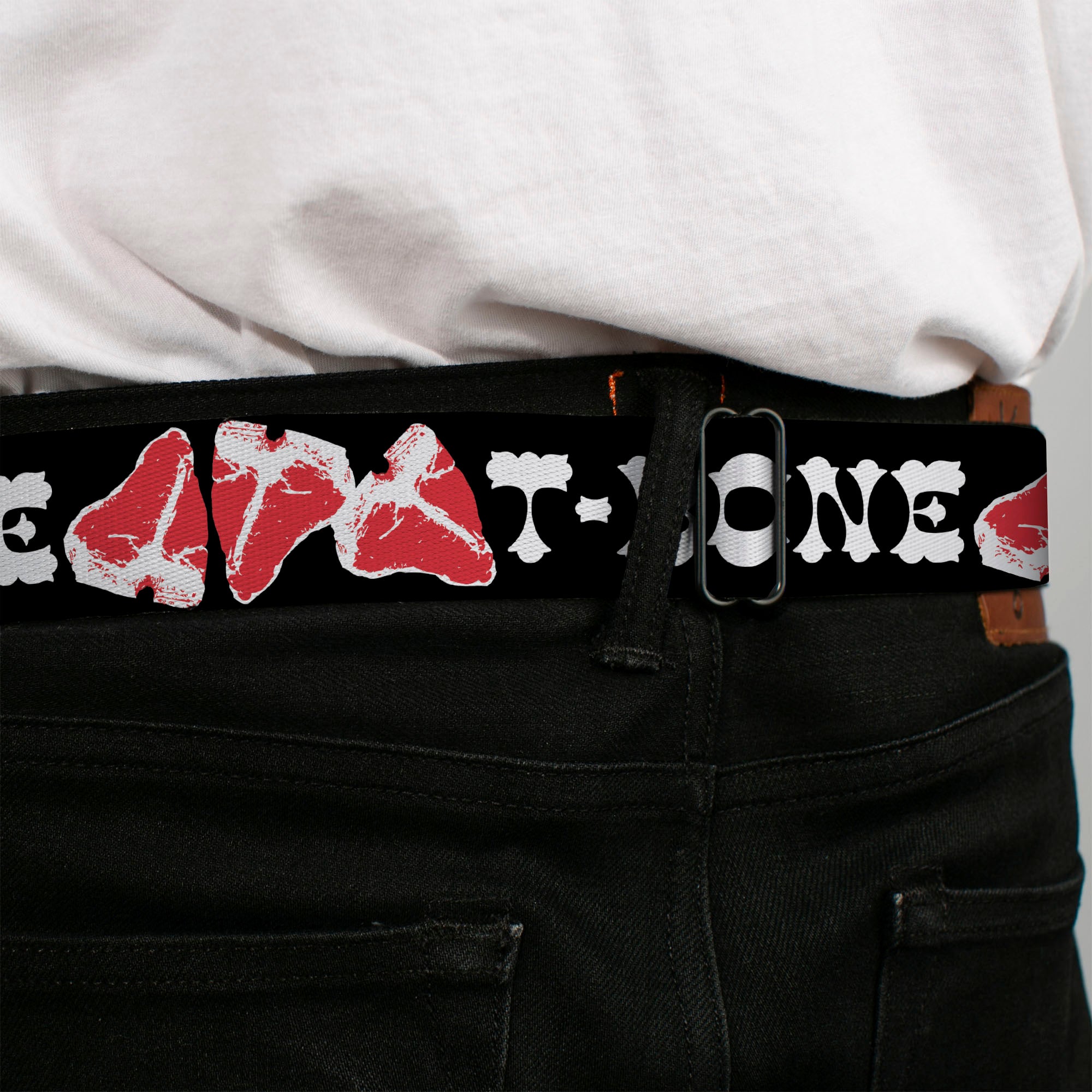 BD Wings Logo CLOSE-UP Full Color Black Silver Seatbelt Belt - Steaks w/T-BONE Text Webbing Seatbelt Belts Buckle-Down