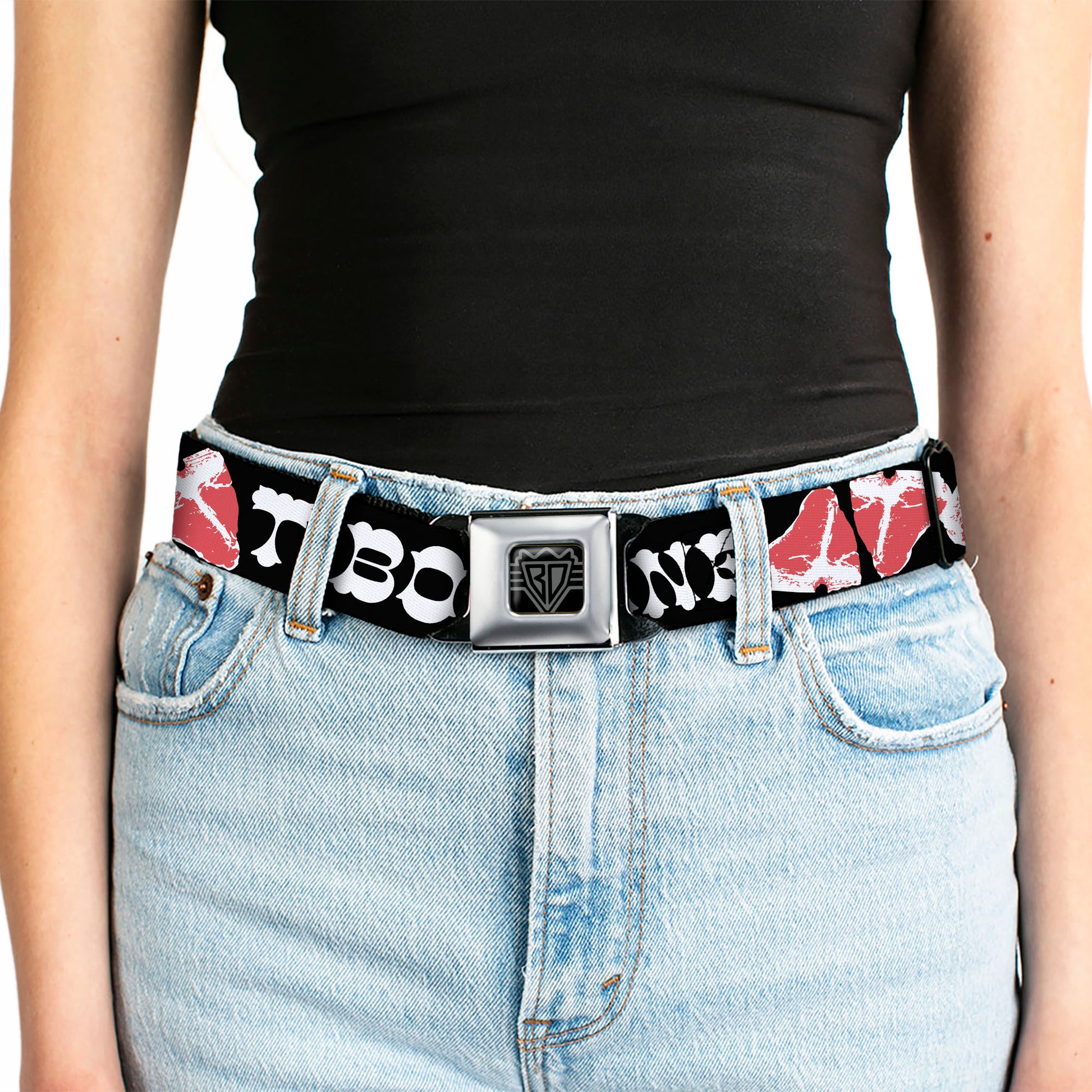 BD Wings Logo CLOSE-UP Full Color Black Silver Seatbelt Belt - Steaks w/T-BONE Text Webbing Seatbelt Belts Buckle-Down