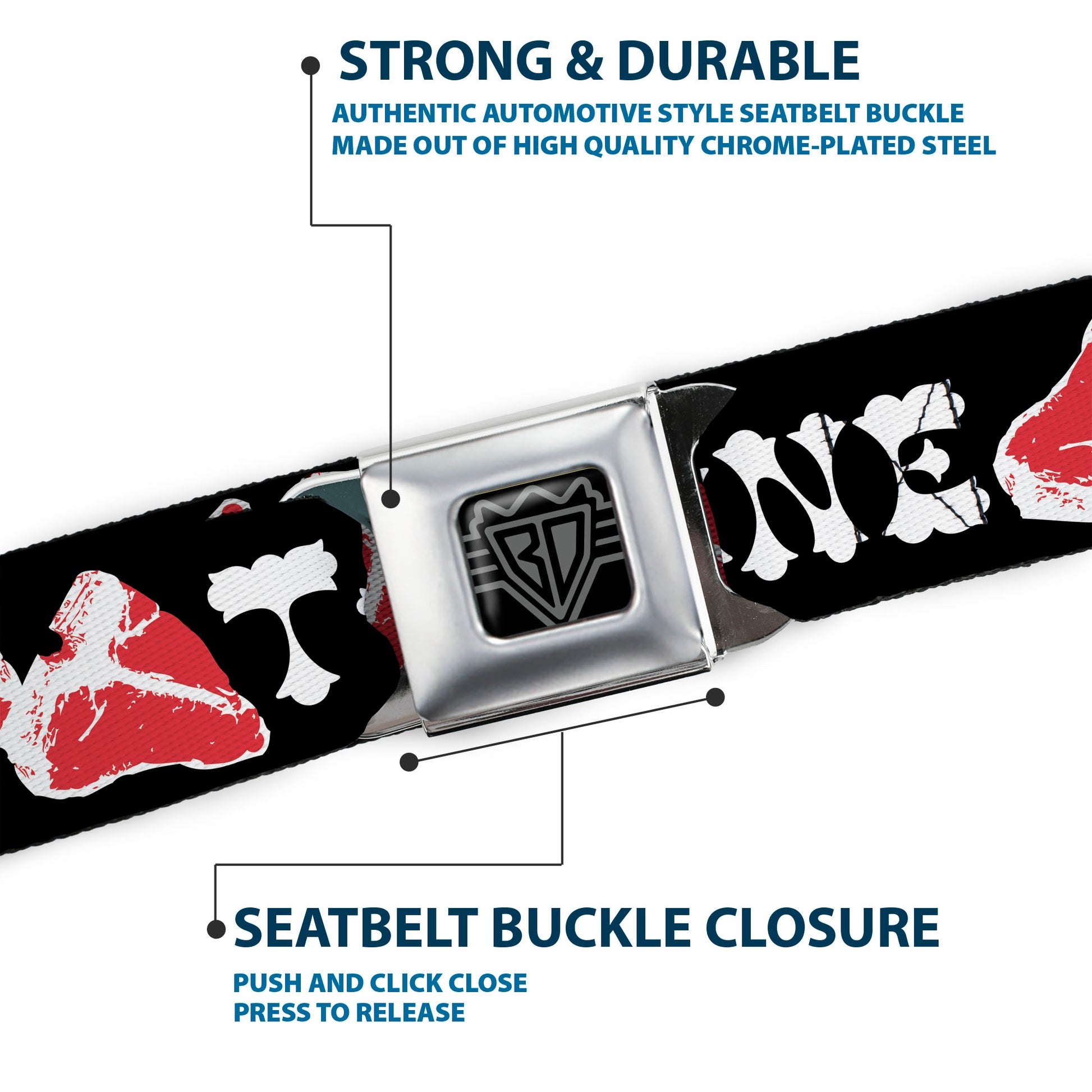 BD Wings Logo CLOSE-UP Full Color Black Silver Seatbelt Belt - Steaks w/T-BONE Text Webbing Seatbelt Belts Buckle-Down