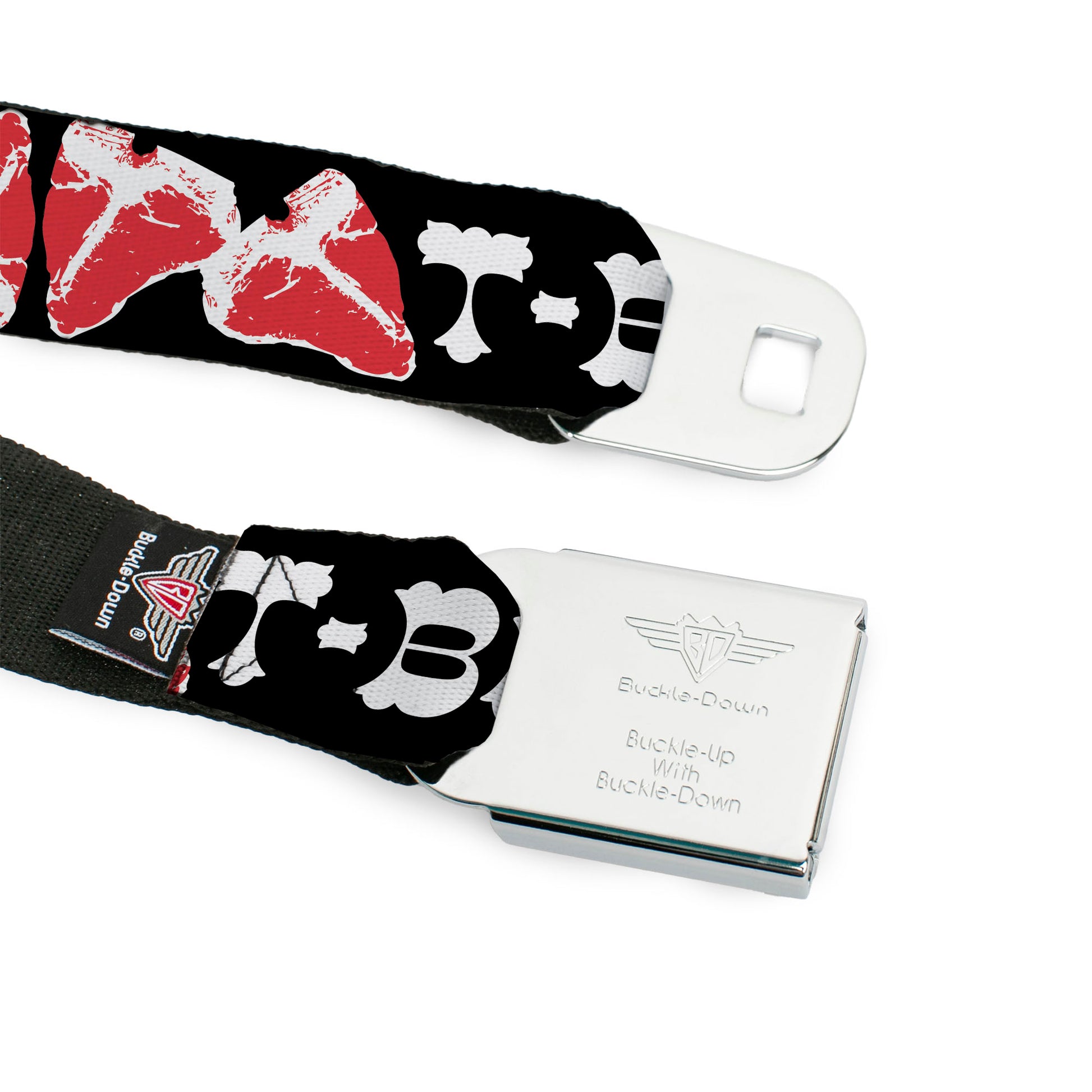 BD Wings Logo CLOSE-UP Full Color Black Silver Seatbelt Belt - Steaks w/T-BONE Text Webbing Seatbelt Belts Buckle-Down