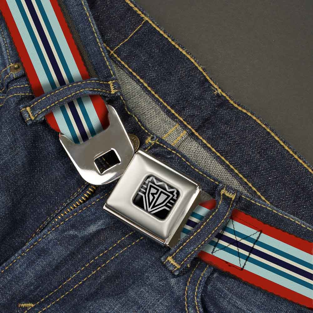 BD Wings Logo CLOSE-UP Full Color Black Silver Seatbelt Belt - Stripes Red/Blues/White Webbing Seatbelt Belts Buckle-Down