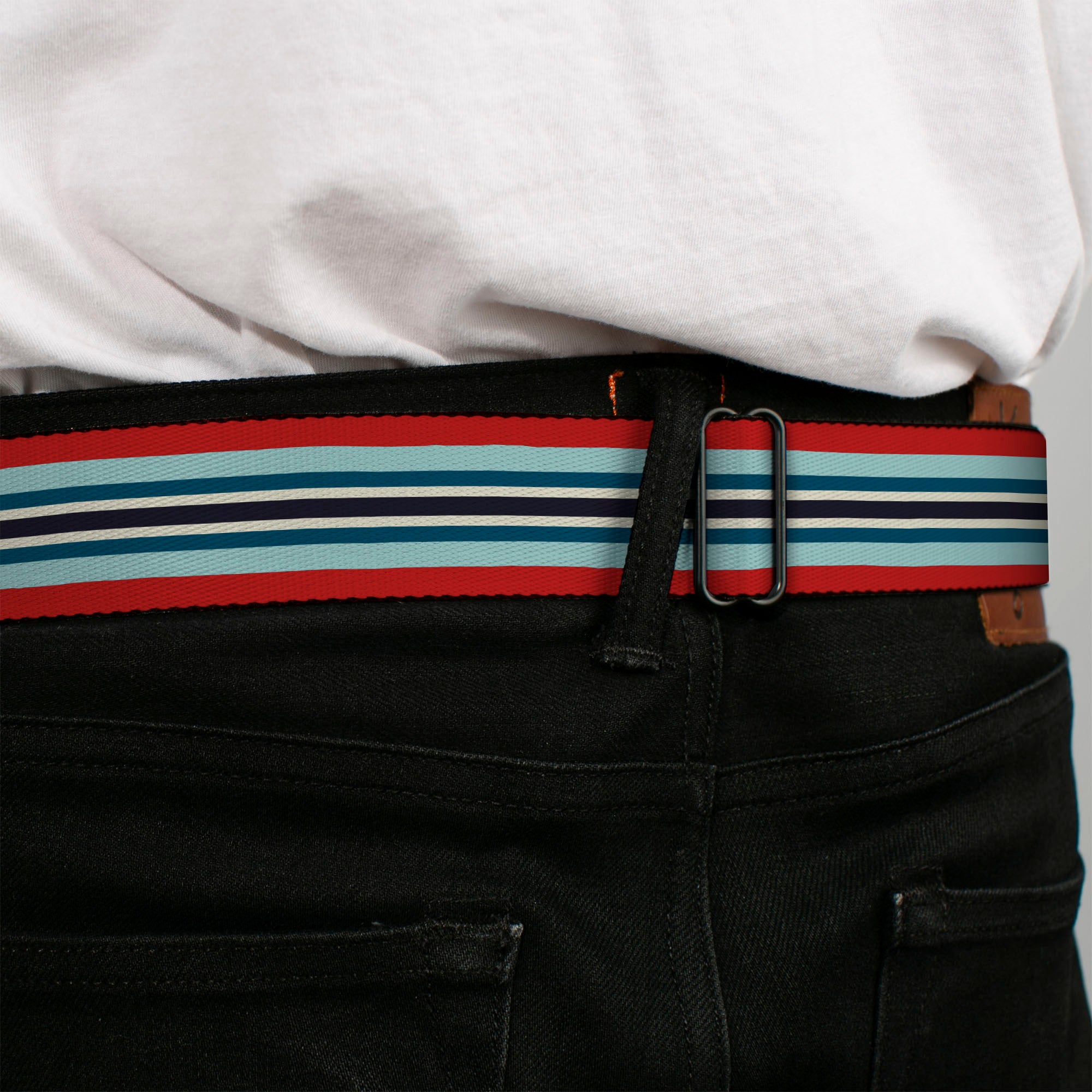 BD Wings Logo CLOSE-UP Full Color Black Silver Seatbelt Belt - Stripes Red/Blues/White Webbing Seatbelt Belts Buckle-Down