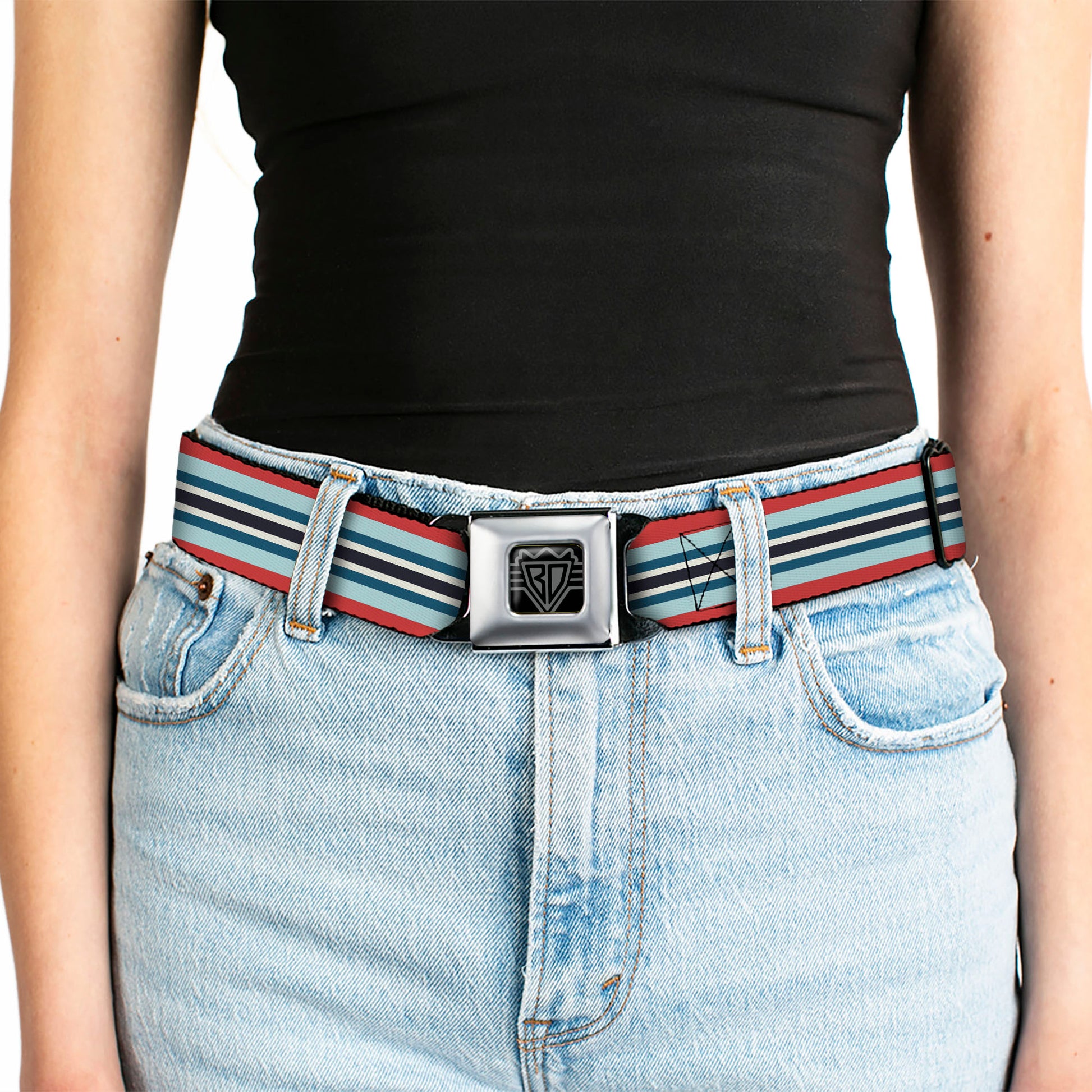 BD Wings Logo CLOSE-UP Full Color Black Silver Seatbelt Belt - Stripes Red/Blues/White Webbing Seatbelt Belts Buckle-Down